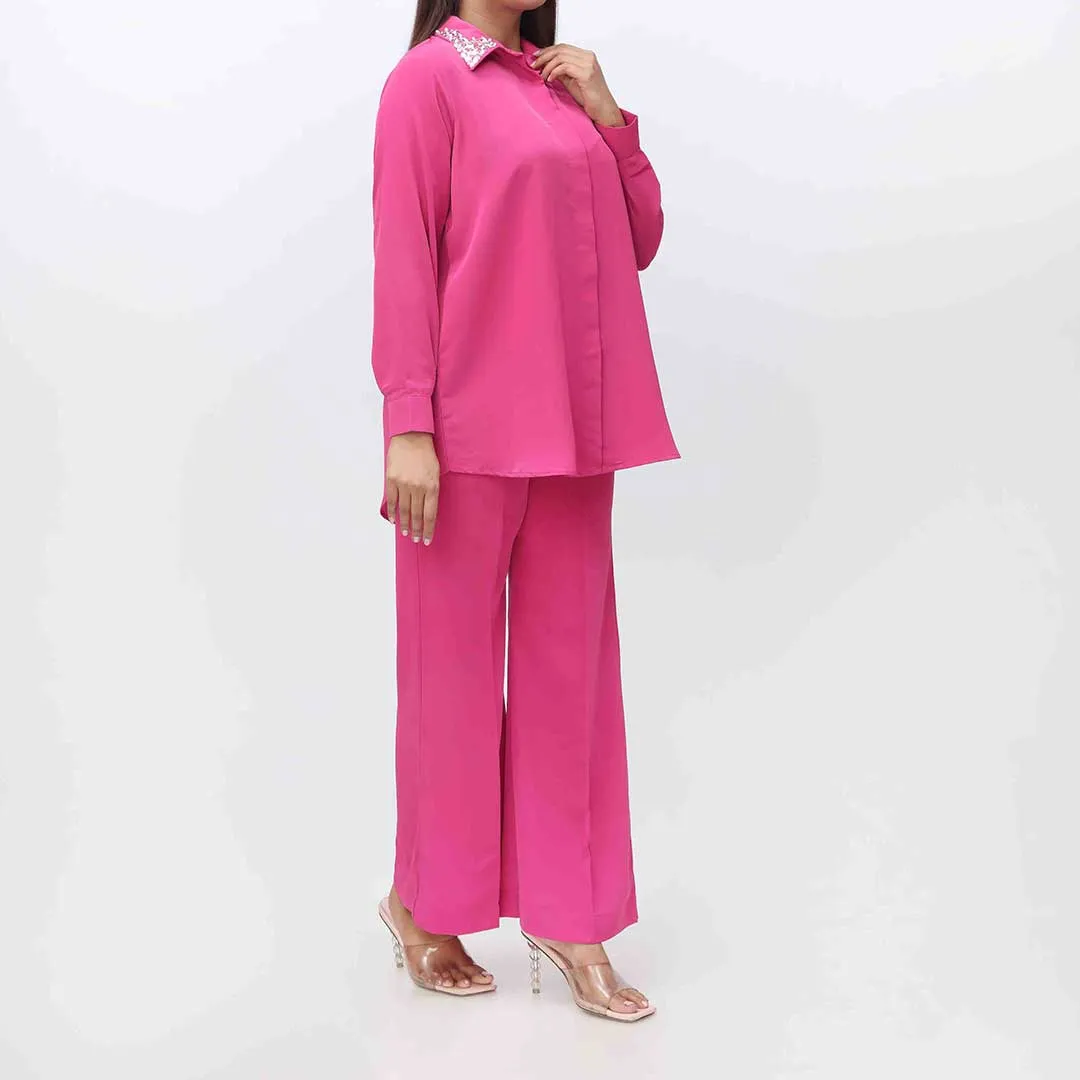 2PC- Embellished Grip Silk Shirt With Trouser PW3093