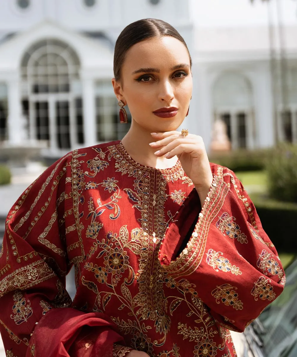 3 Piece -  Embroidered Raw Silk Suit