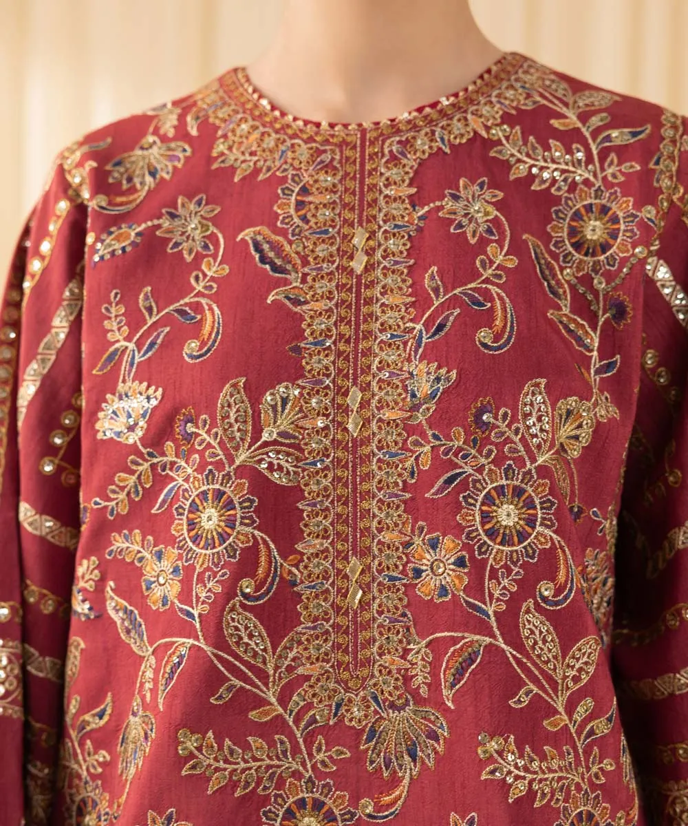 3 Piece -  Embroidered Raw Silk Suit