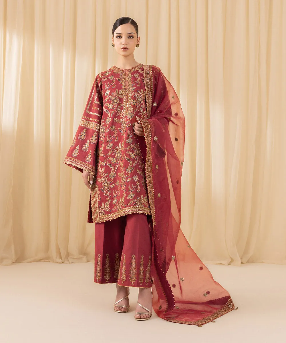 3 Piece -  Embroidered Raw Silk Suit