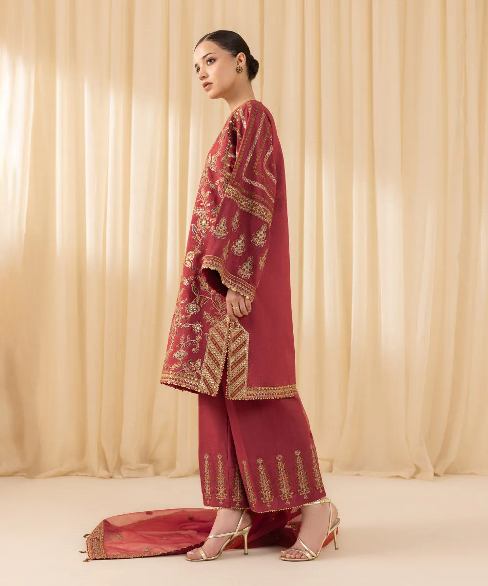 3 Piece -  Embroidered Raw Silk Suit