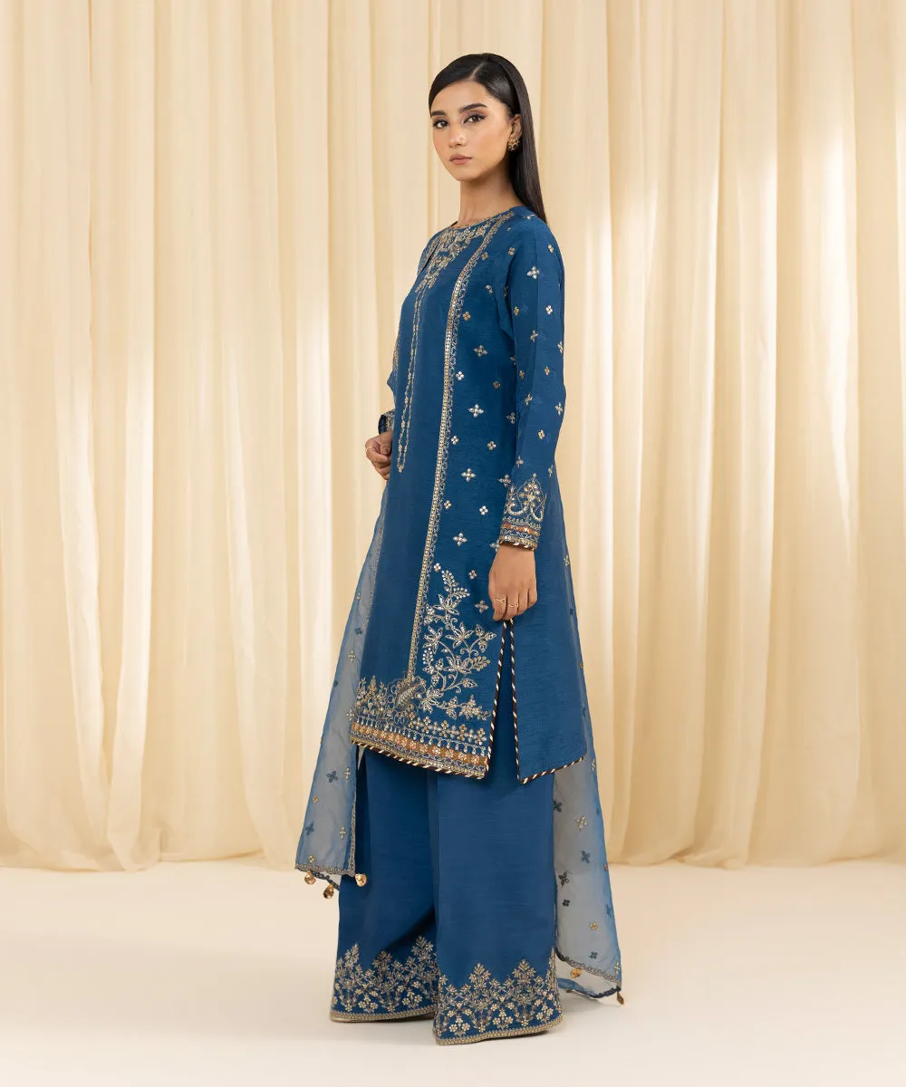 3 Piece -  Embroidered Raw Silk Suit