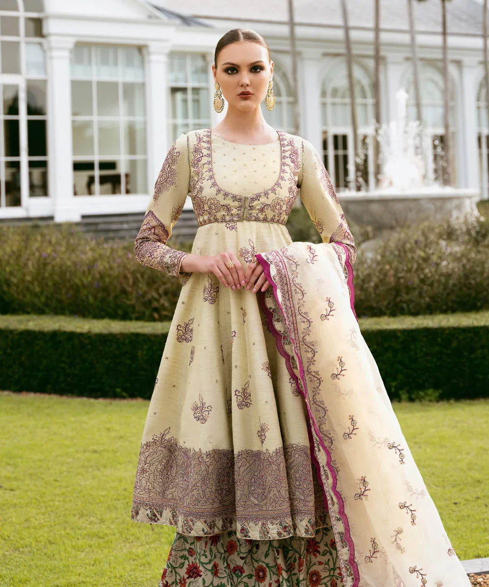 3 Piece -  Embroidered Raw Silk Suit