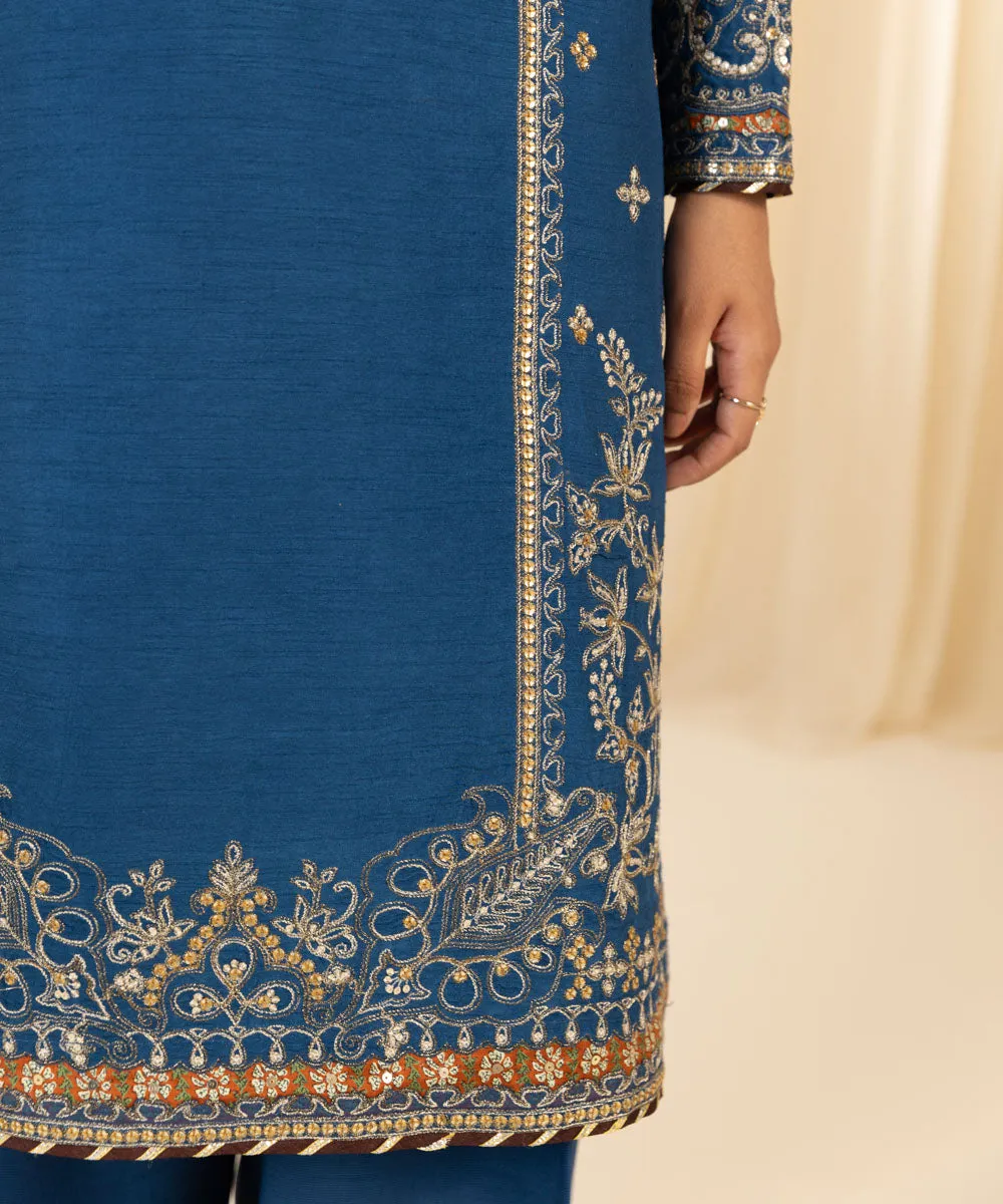 3 Piece -  Embroidered Raw Silk Suit