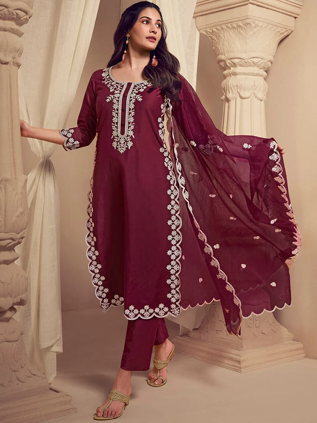 Amyra Dastur Burgundy Floral Regular Thread Work Pure Silk Straight Kurta with Trousers & Dupatta