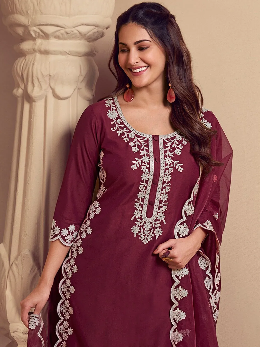 Amyra Dastur Burgundy Floral Regular Thread Work Pure Silk Straight Kurta with Trousers & Dupatta