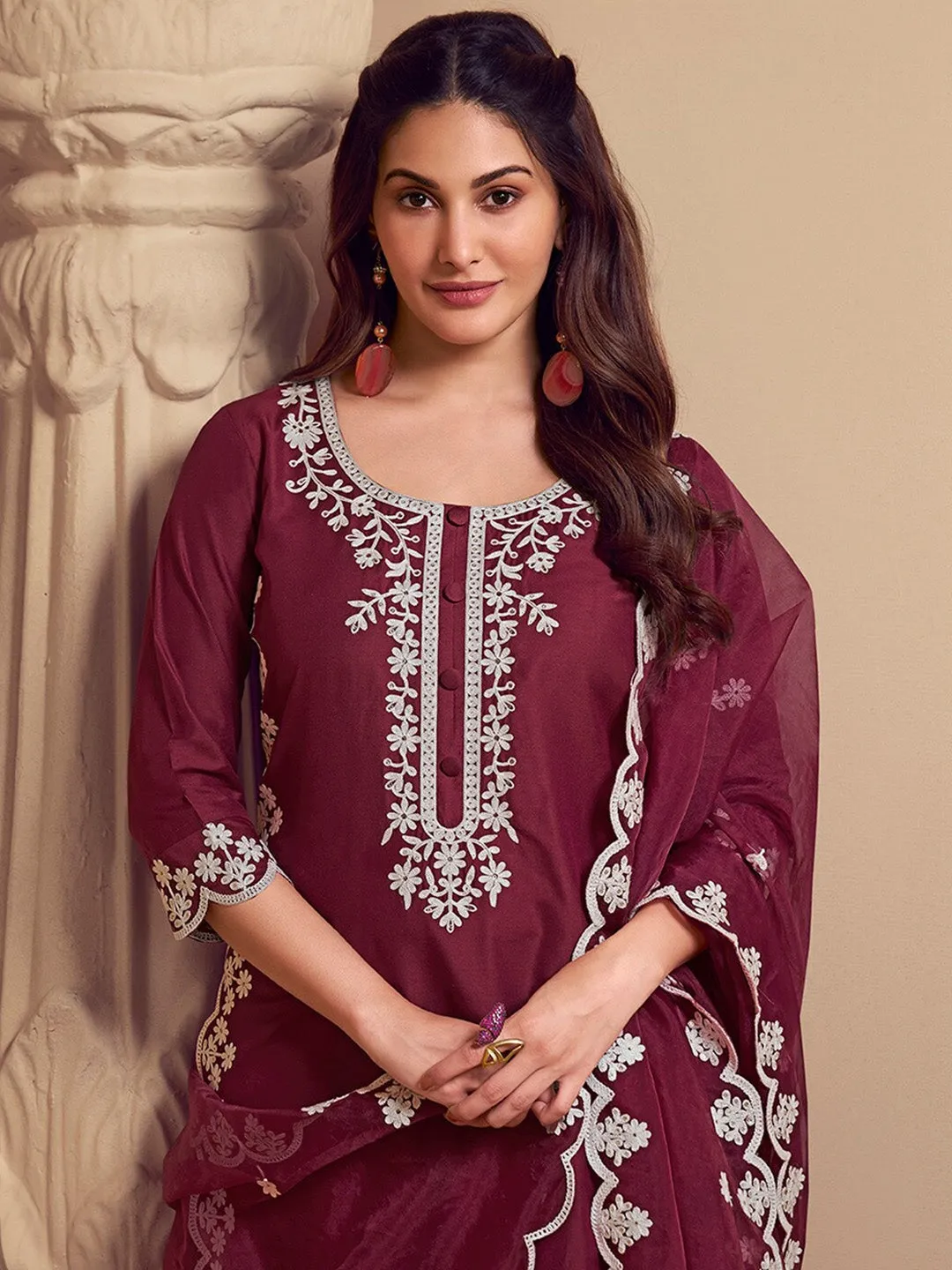 Amyra Dastur Burgundy Floral Regular Thread Work Pure Silk Straight Kurta with Trousers & Dupatta