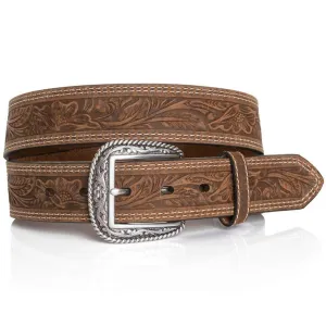 Ariat Men's Brown Floral Tooled Double Stitched Western Leather Belt