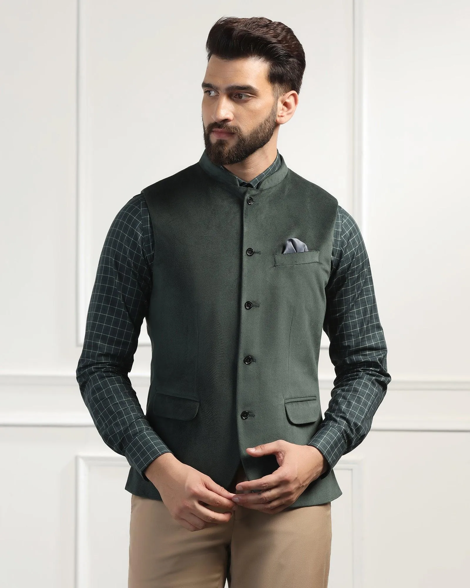 Bandhgala Formal Olive Textured Waistcoat - Emira