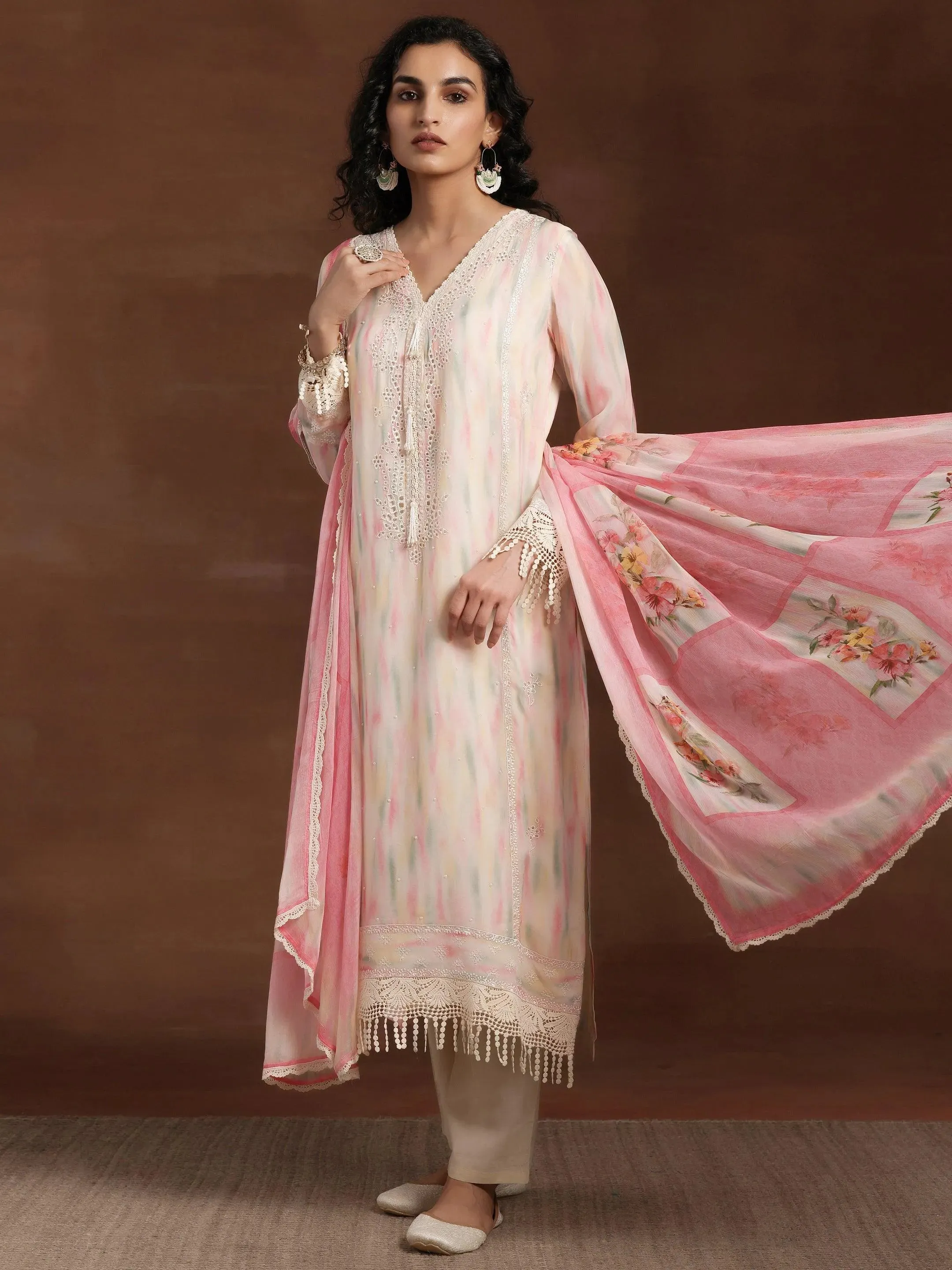 Beige Embroidered Organza Pakistani Suit