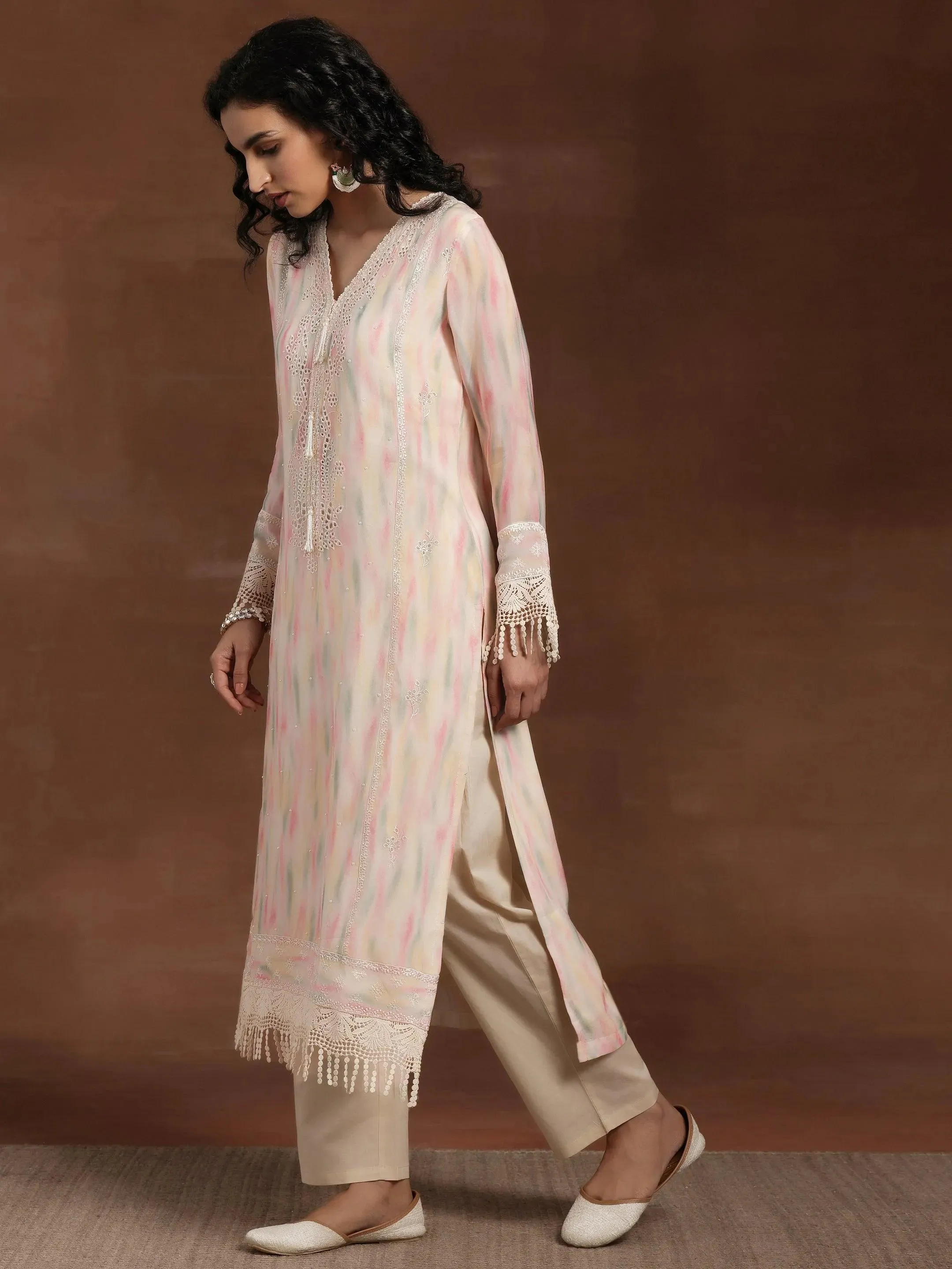 Beige Embroidered Organza Pakistani Suit