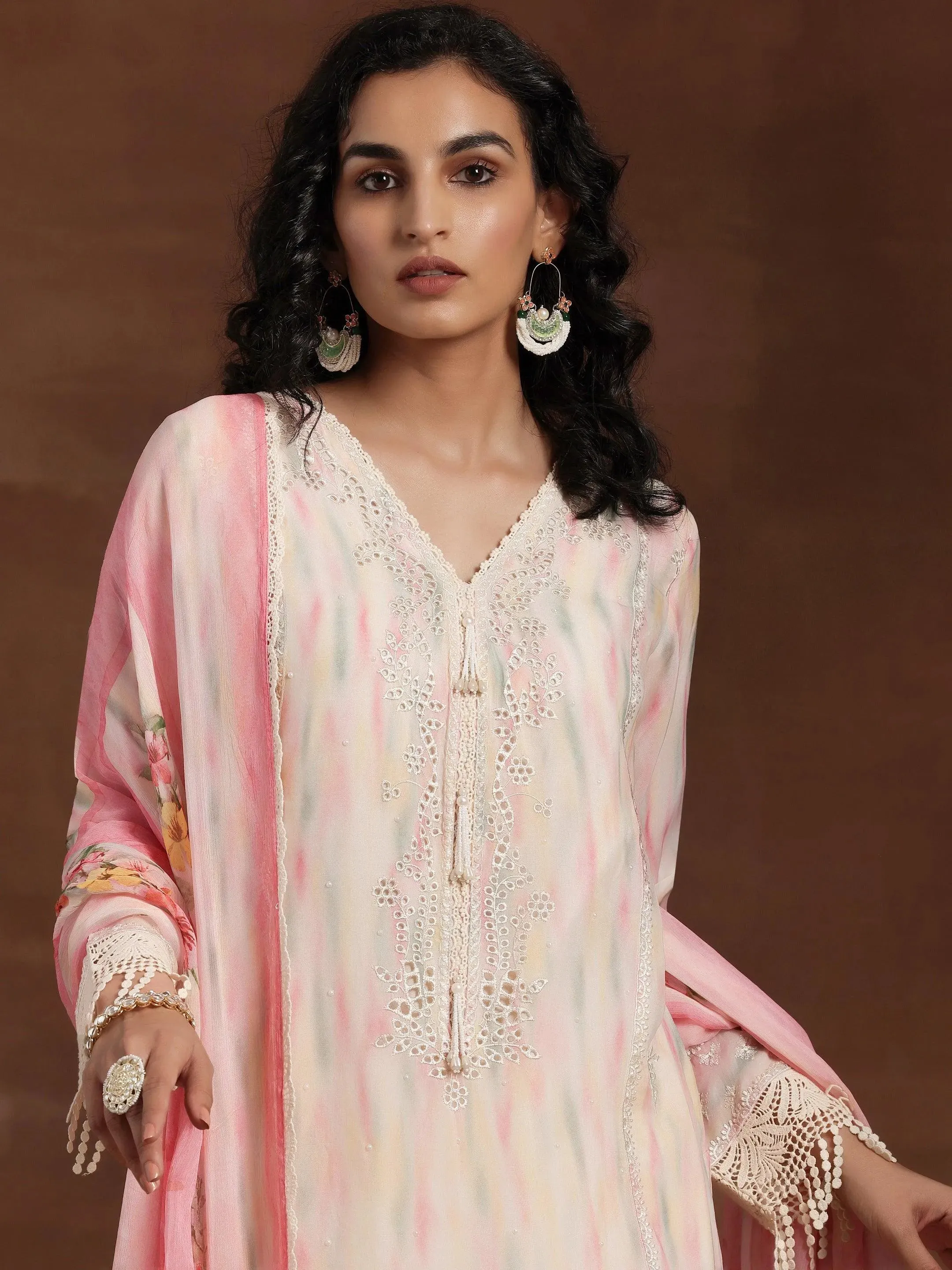 Beige Embroidered Organza Pakistani Suit