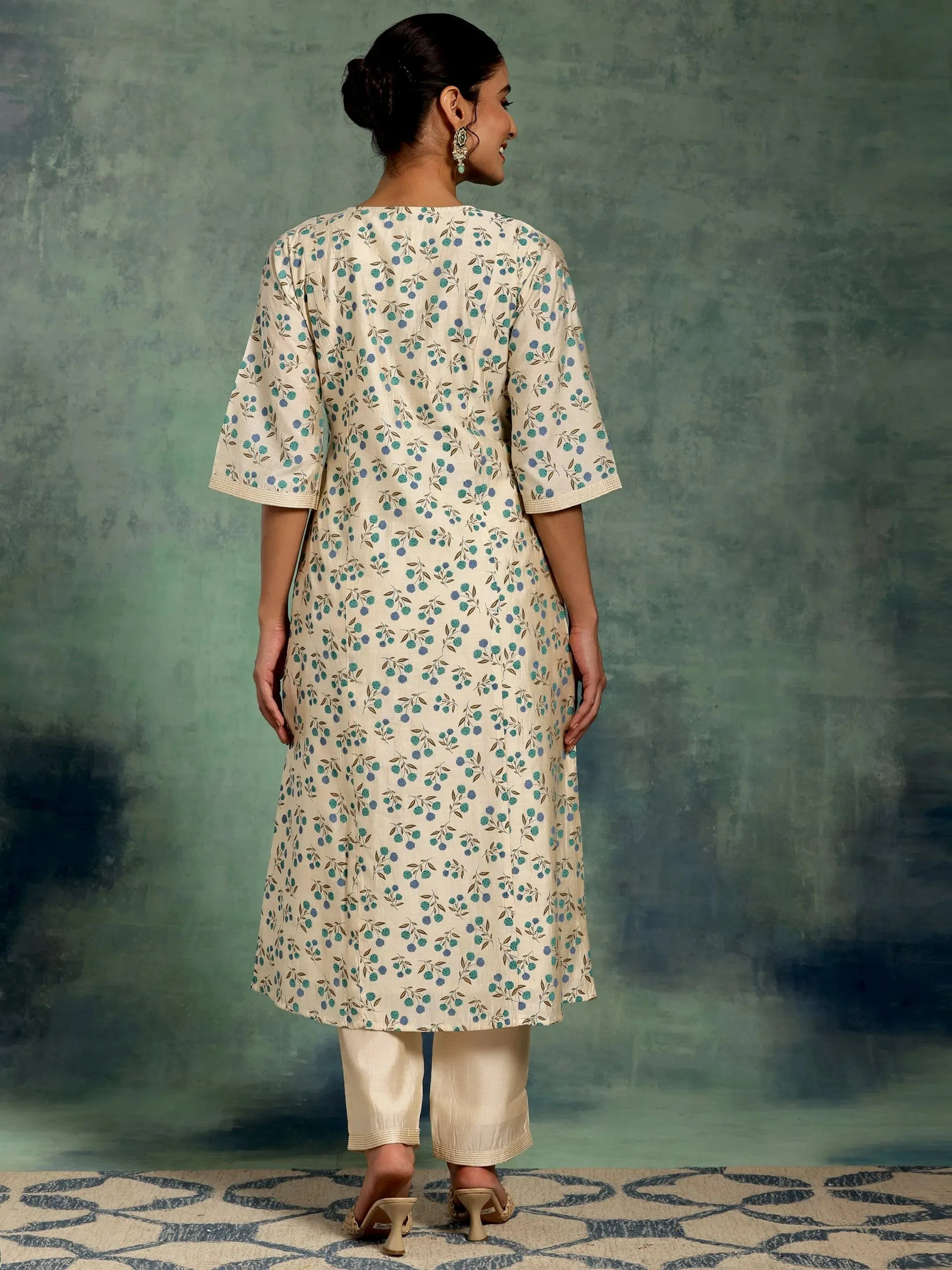 Beige Printed Chanderi Silk A-Line Kurta With Palazzos