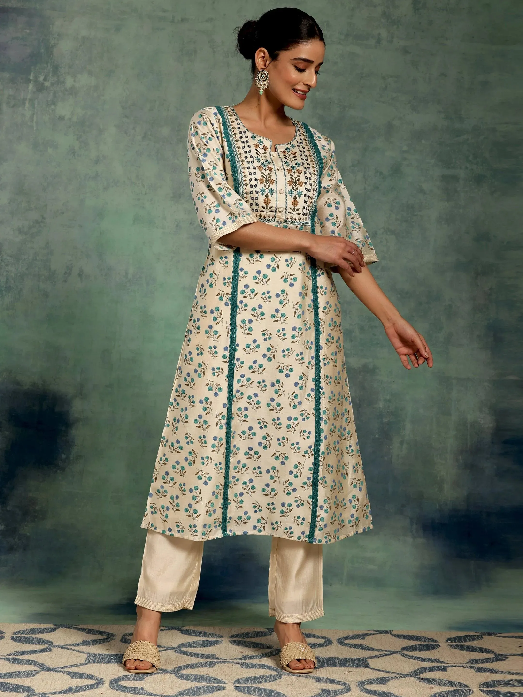 Beige Printed Chanderi Silk A-Line Kurta With Palazzos