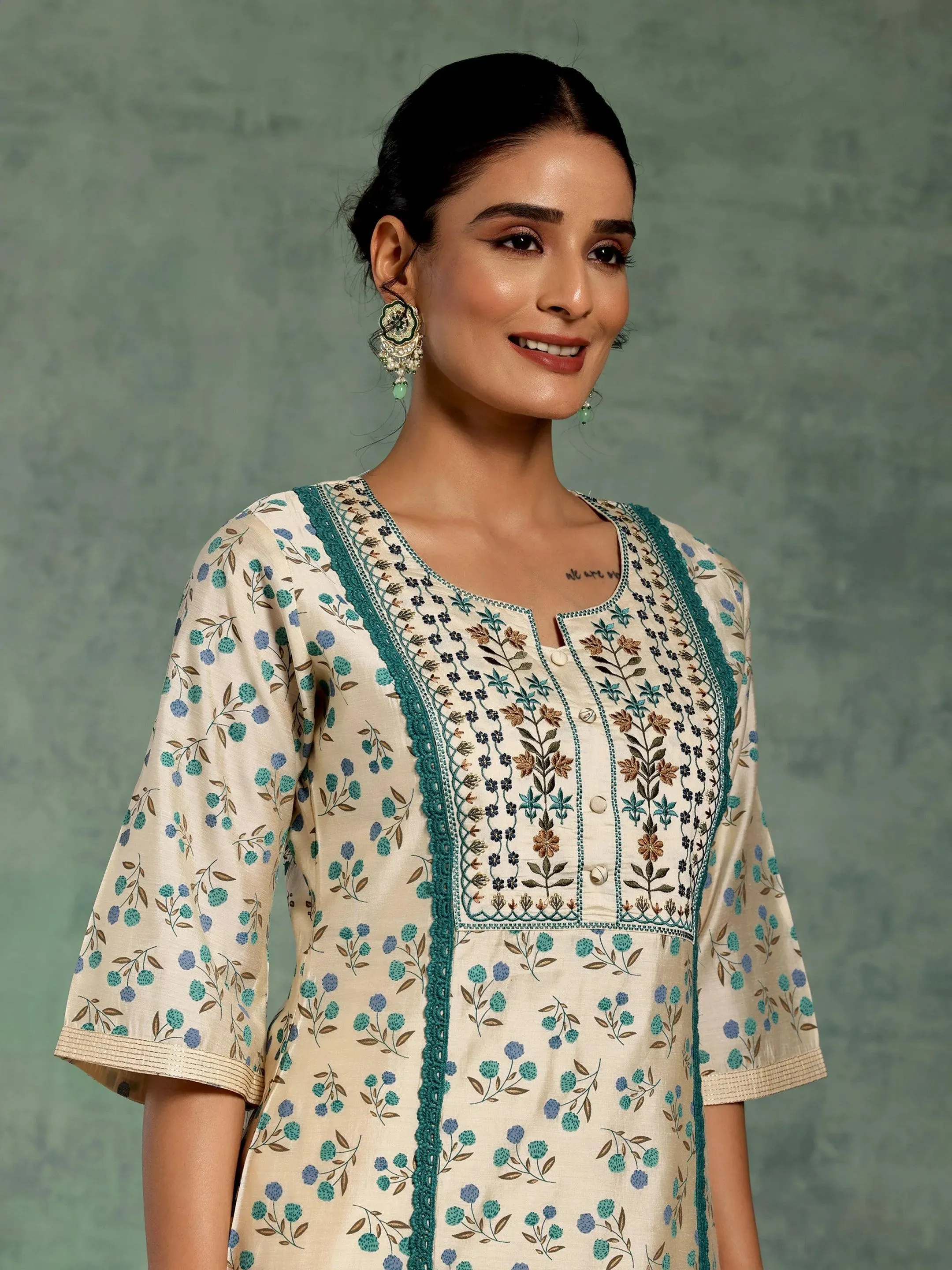 Beige Printed Chanderi Silk A-Line Kurta With Palazzos