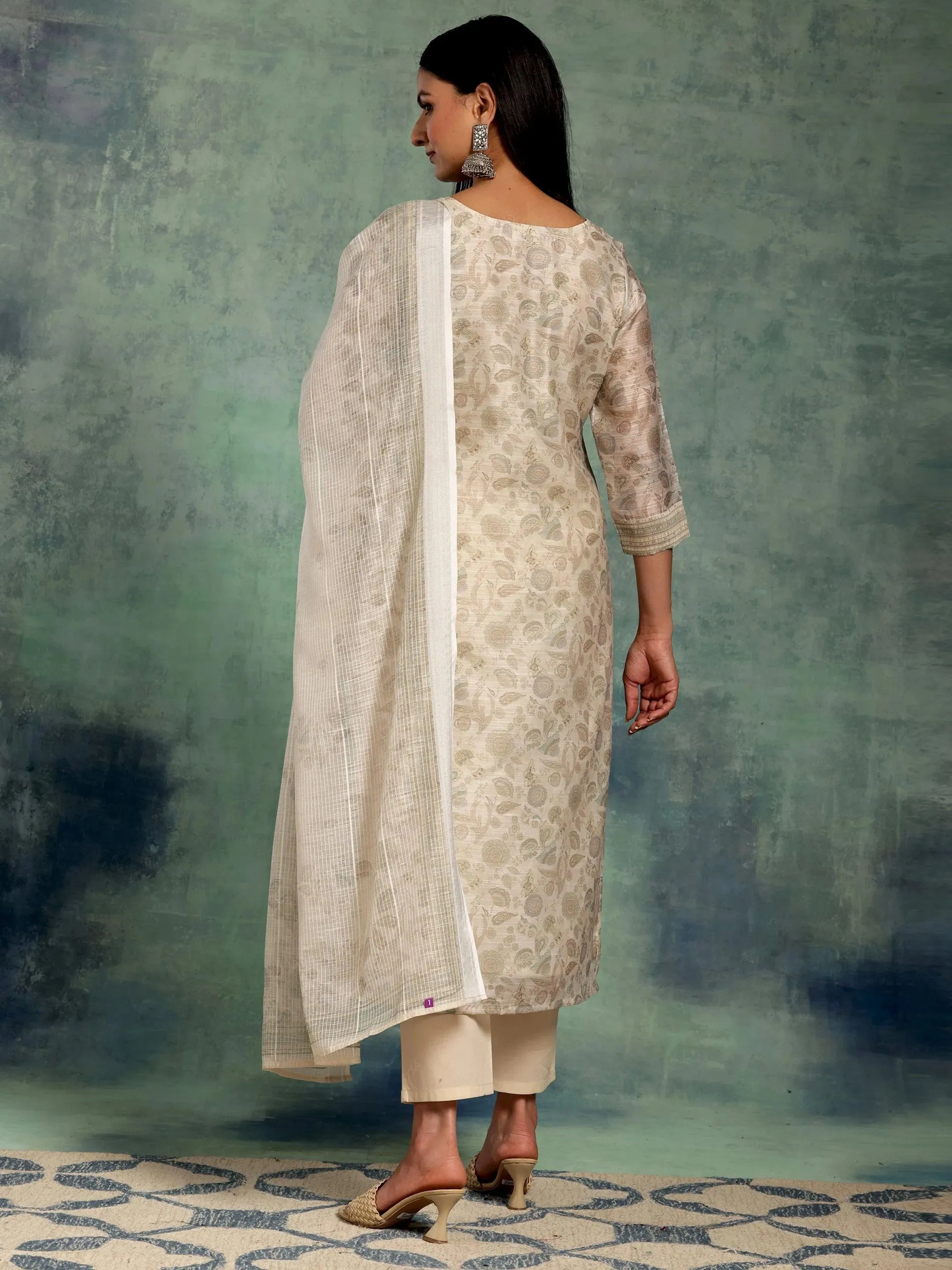 Beige Printed Chanderi Silk Straight Suit With Dupatta