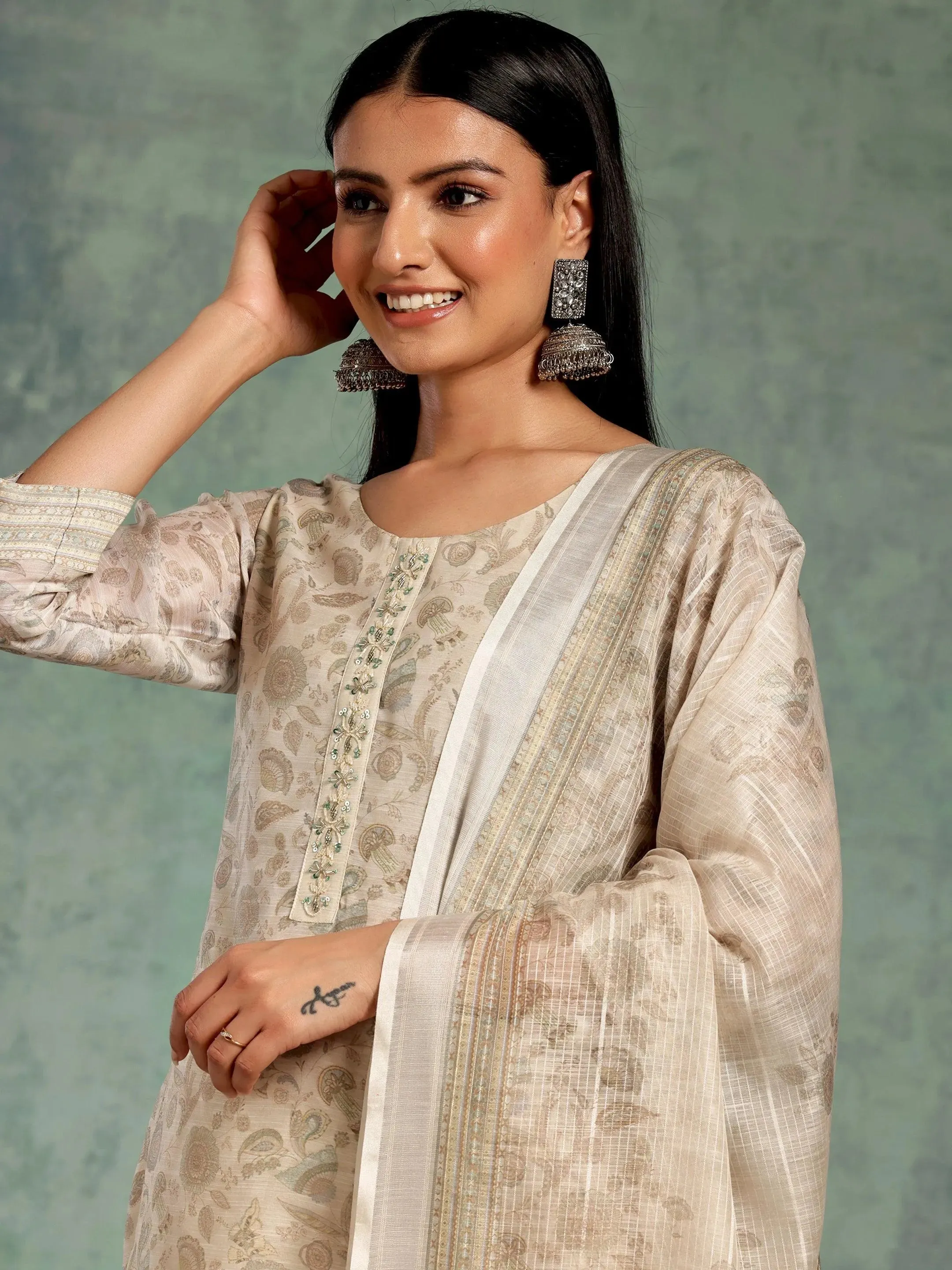 Beige Printed Chanderi Silk Straight Suit With Dupatta