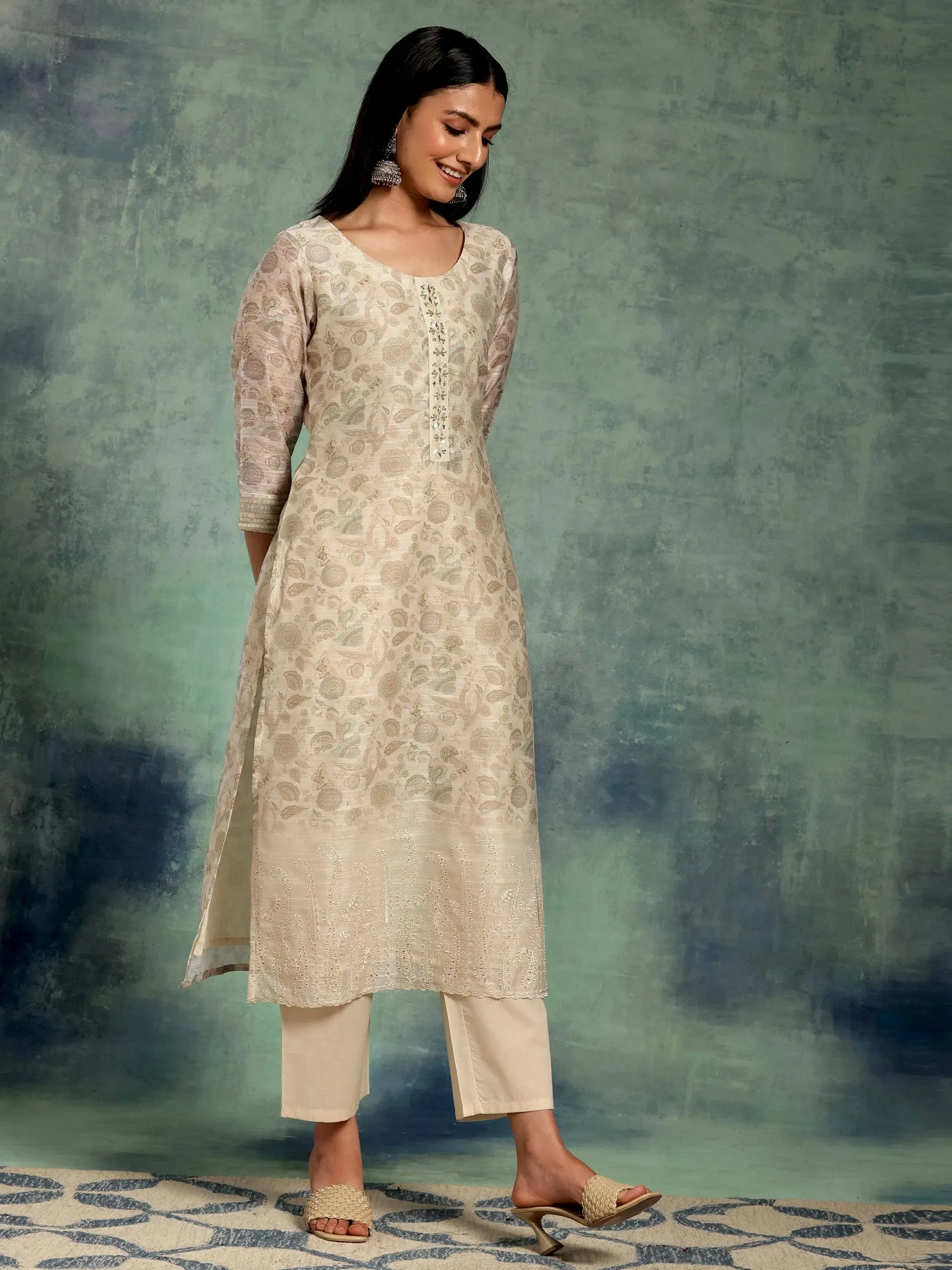 Beige Printed Chanderi Silk Straight Suit With Dupatta