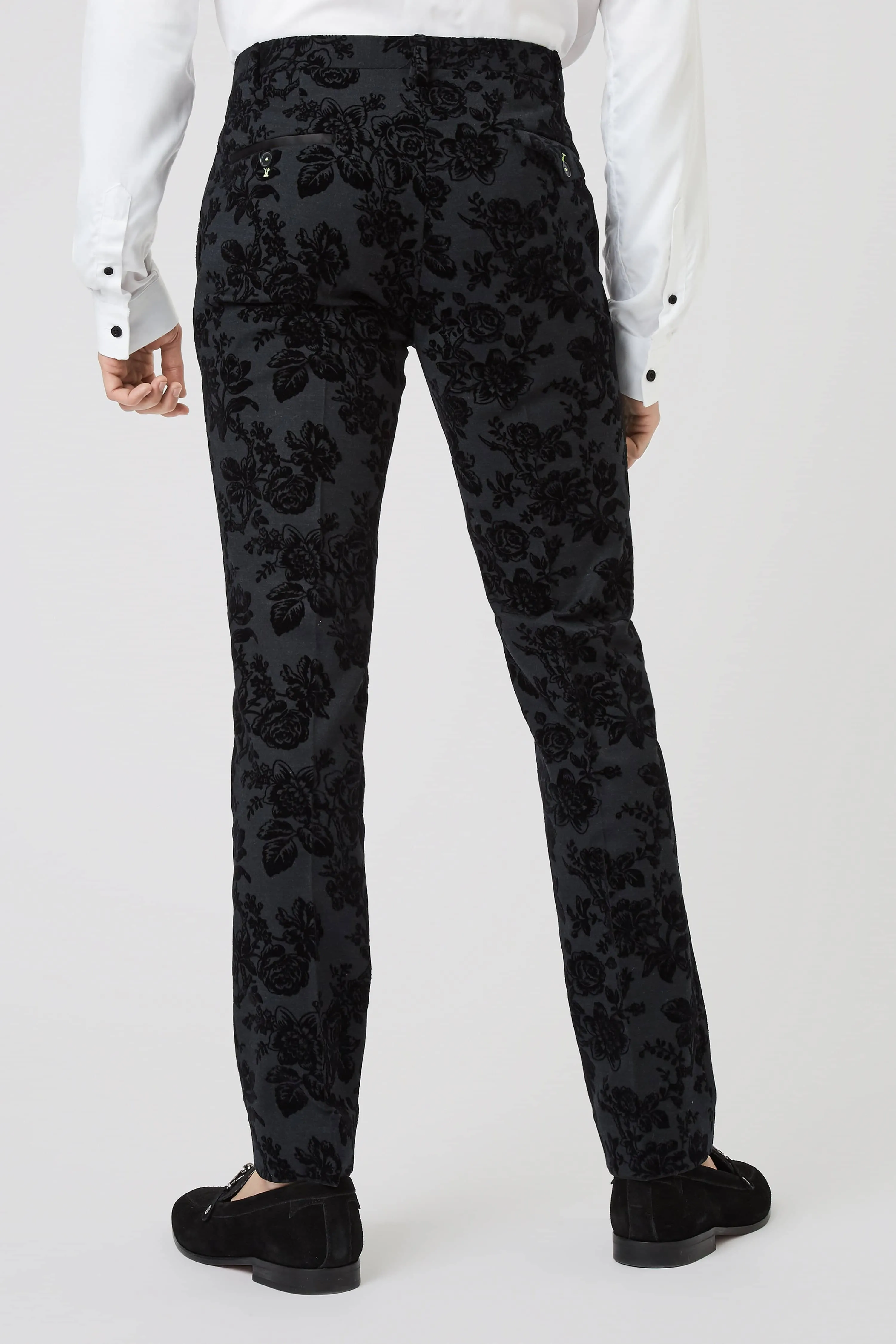 Belsize Skinny Fit Black Floral Tuxedo Trousers - ARCHIVE