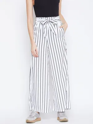 Berrylush Women White & Black Striped Pattern Waist Tie-Up Mid-Rise Trousers