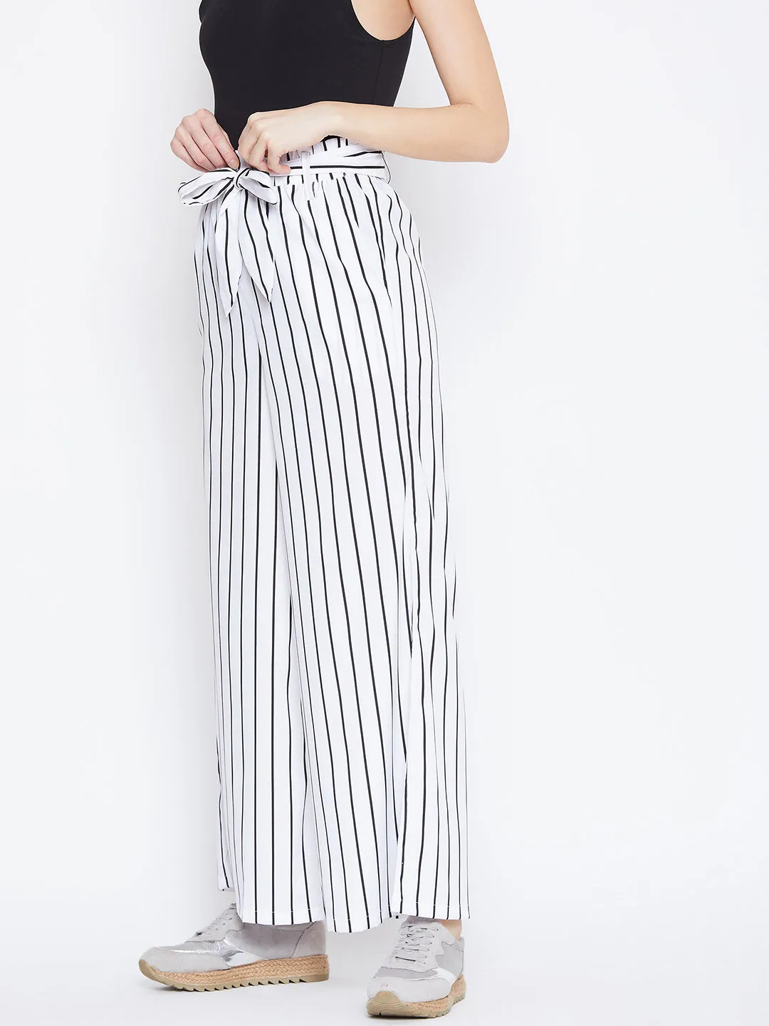 Berrylush Women White & Black Striped Pattern Waist Tie-Up Mid-Rise Trousers