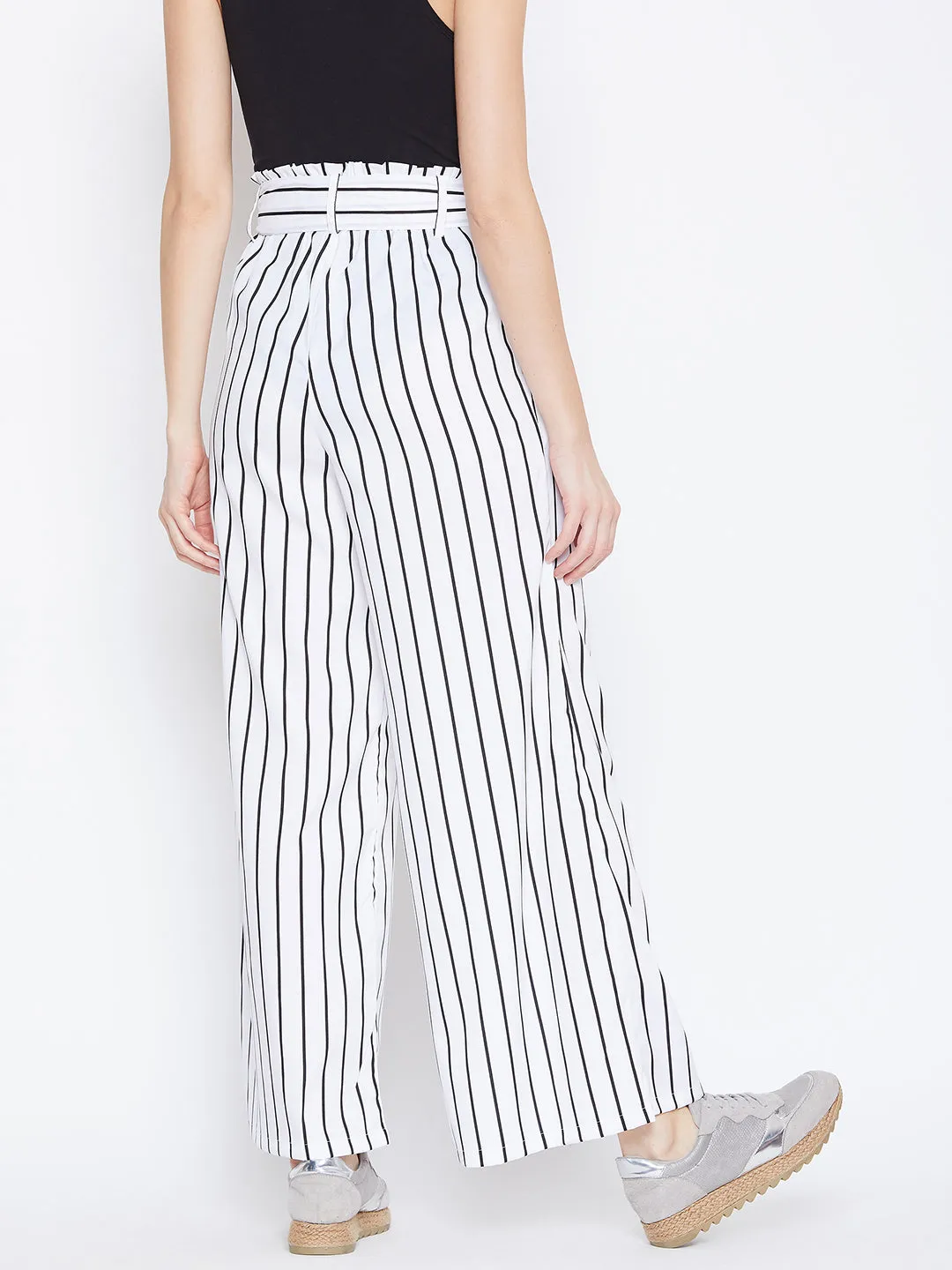 Berrylush Women White & Black Striped Pattern Waist Tie-Up Mid-Rise Trousers