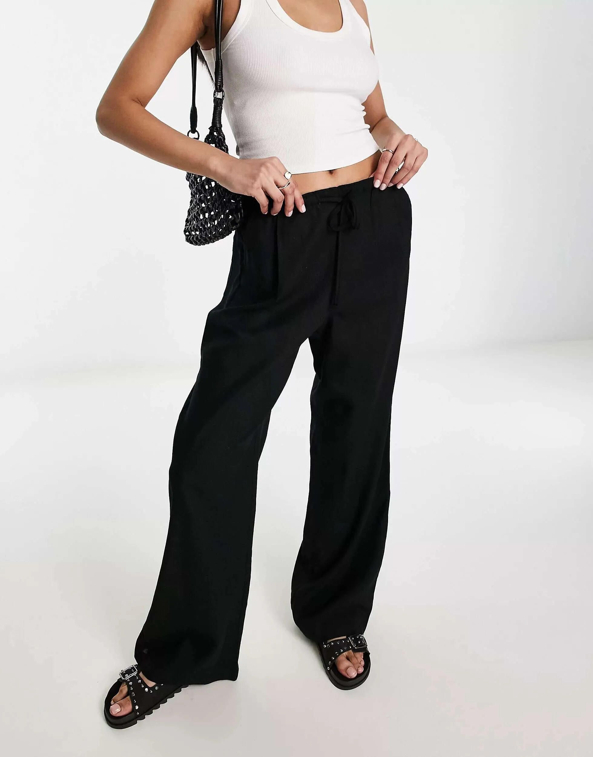 Bershka black linen wide leg trousers with tie waist