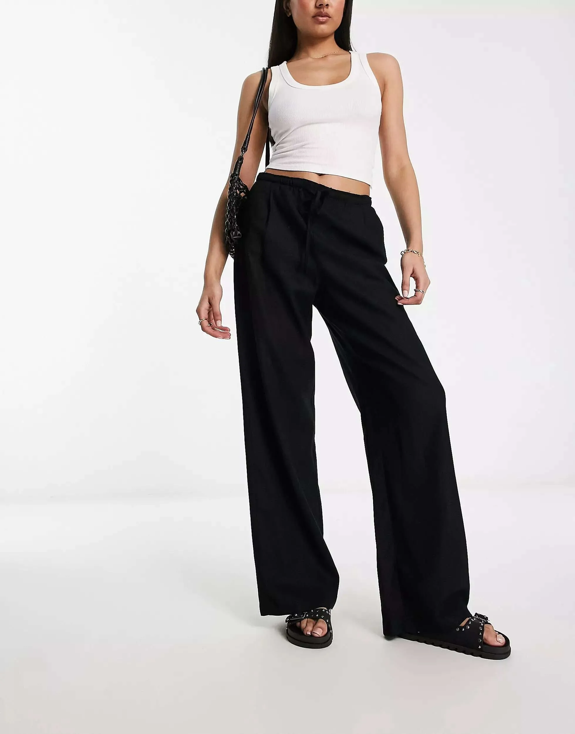 Bershka black linen wide leg trousers with tie waist