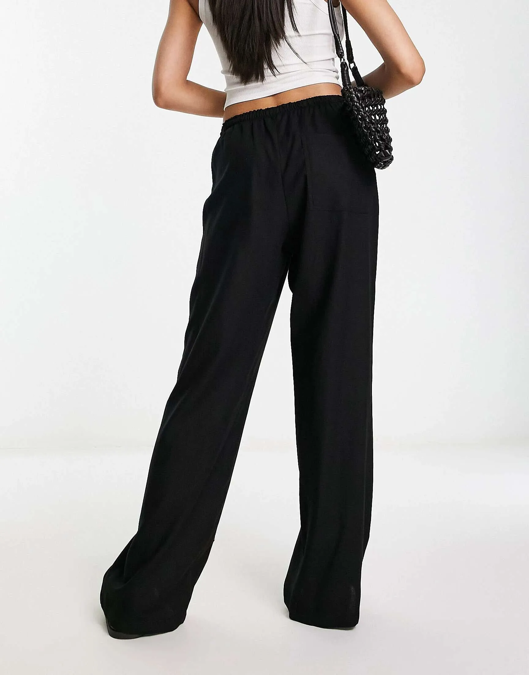 Bershka black linen wide leg trousers with tie waist