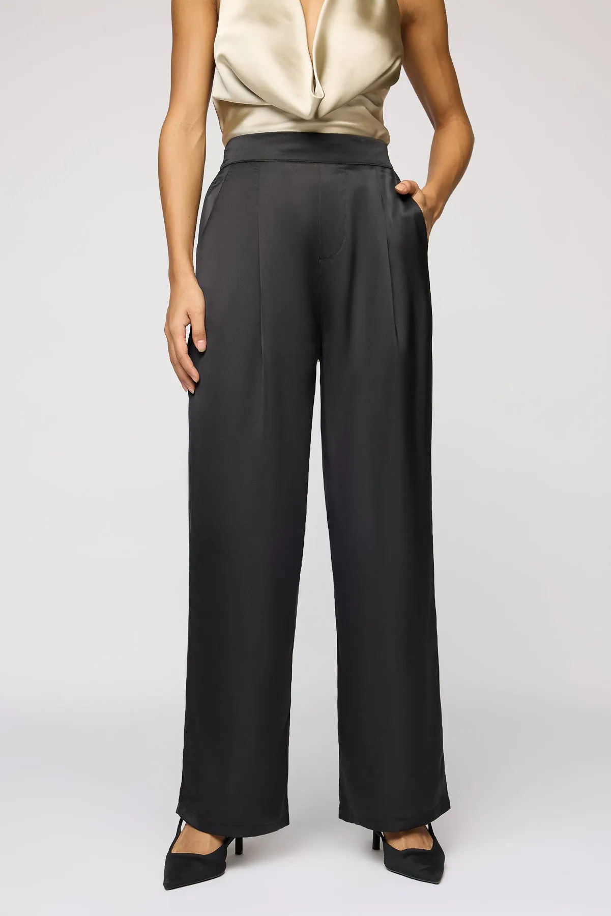 Black Iris Satin Straight Korean Pants