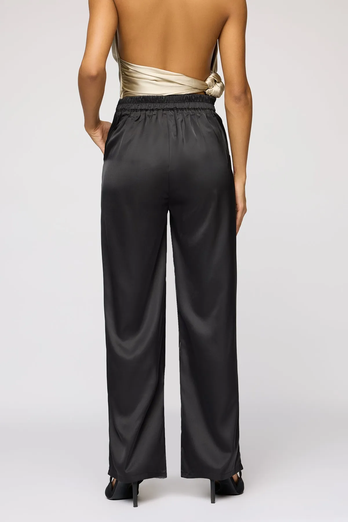 Black Iris Satin Straight Korean Pants