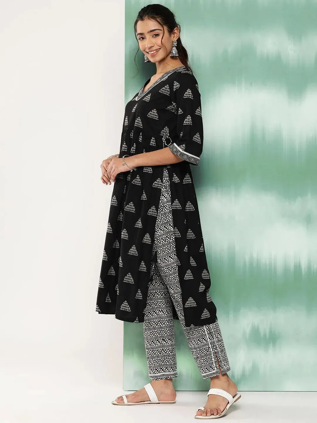 Black Printed Cotton A-Line Kurta With Trousers and Dupatta