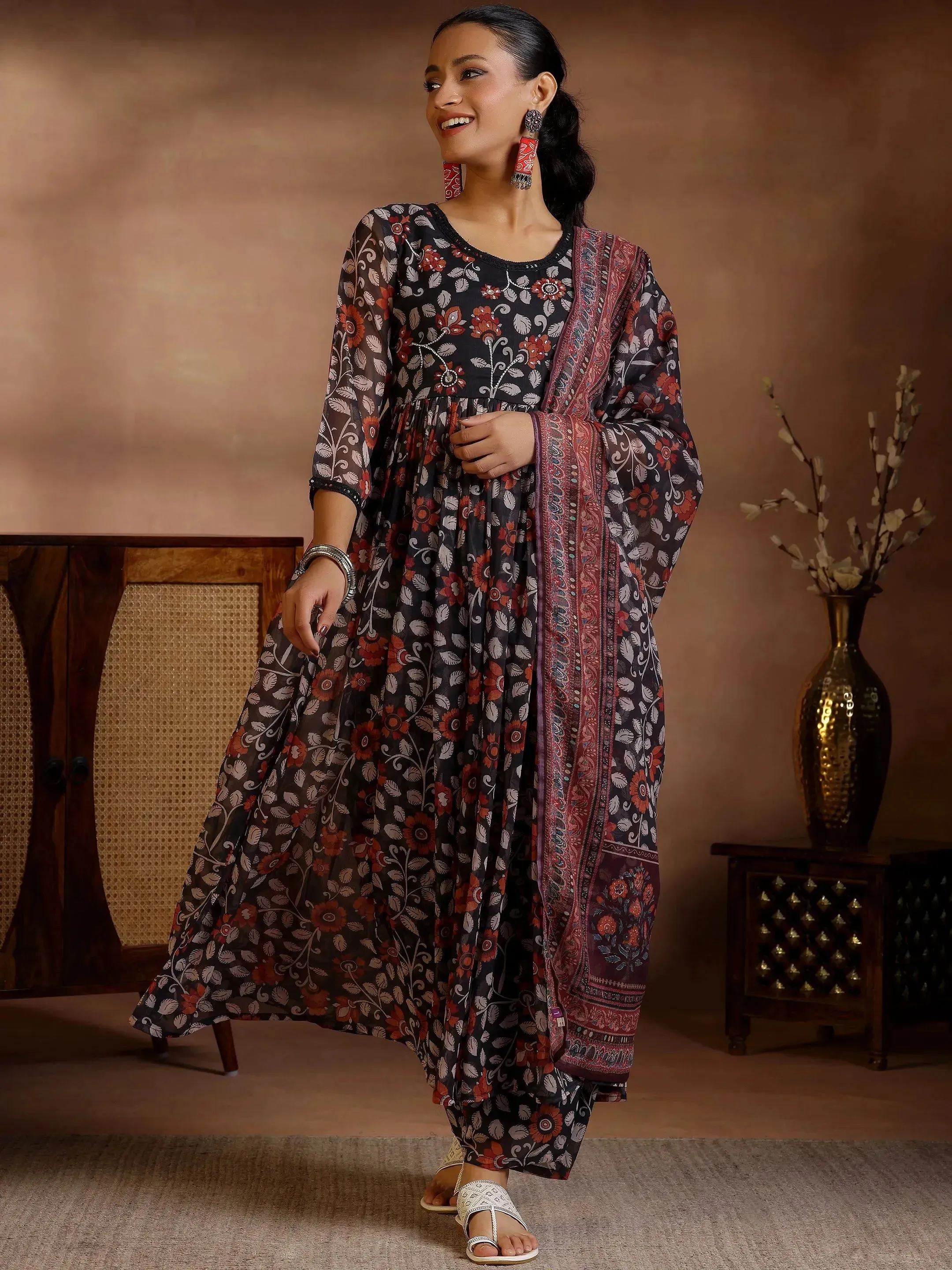 Black Printed Poly Chiffon A-Line Kurta With Palazzos & Dupatta