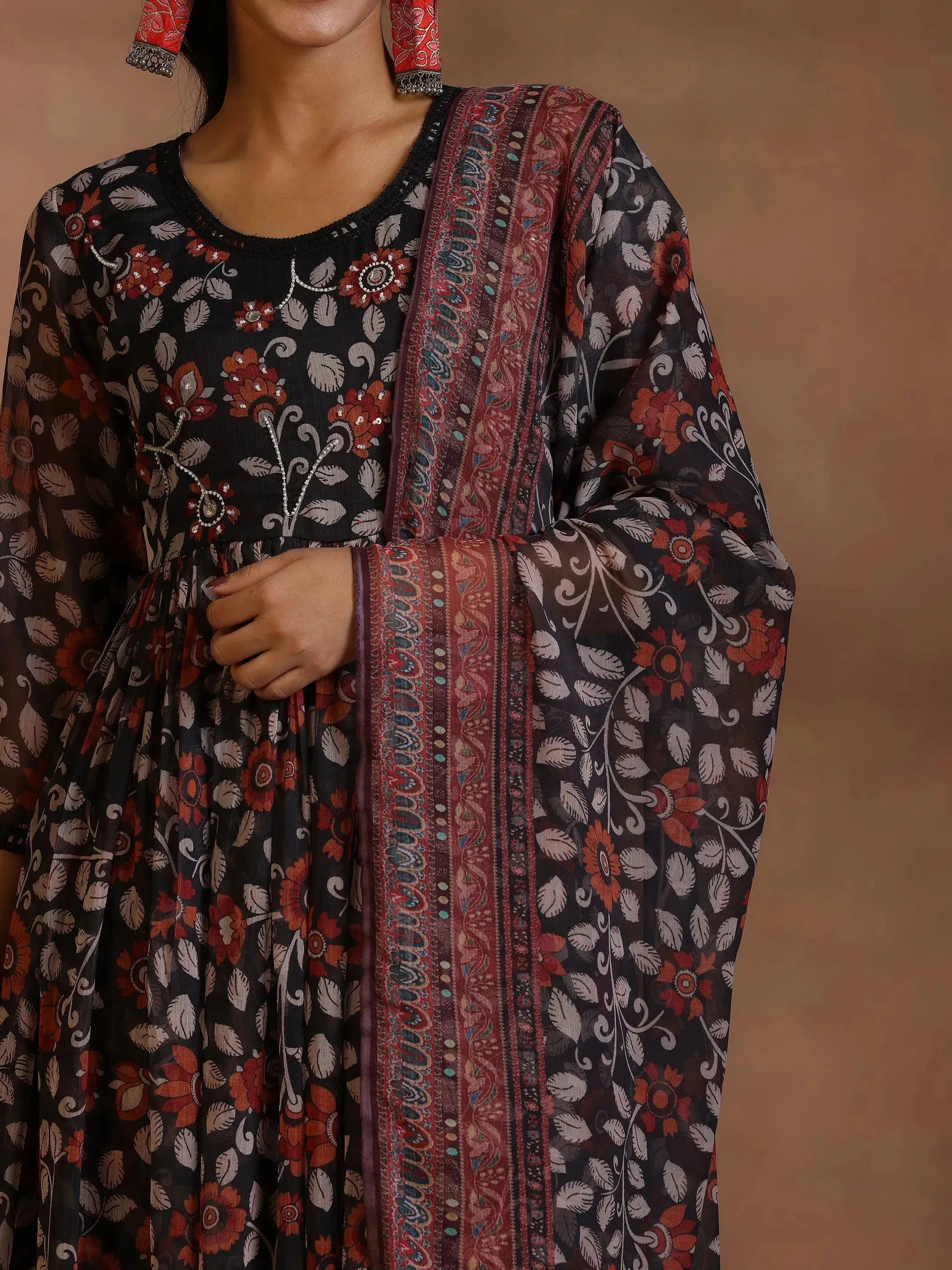 Black Printed Poly Chiffon A-Line Kurta With Palazzos & Dupatta