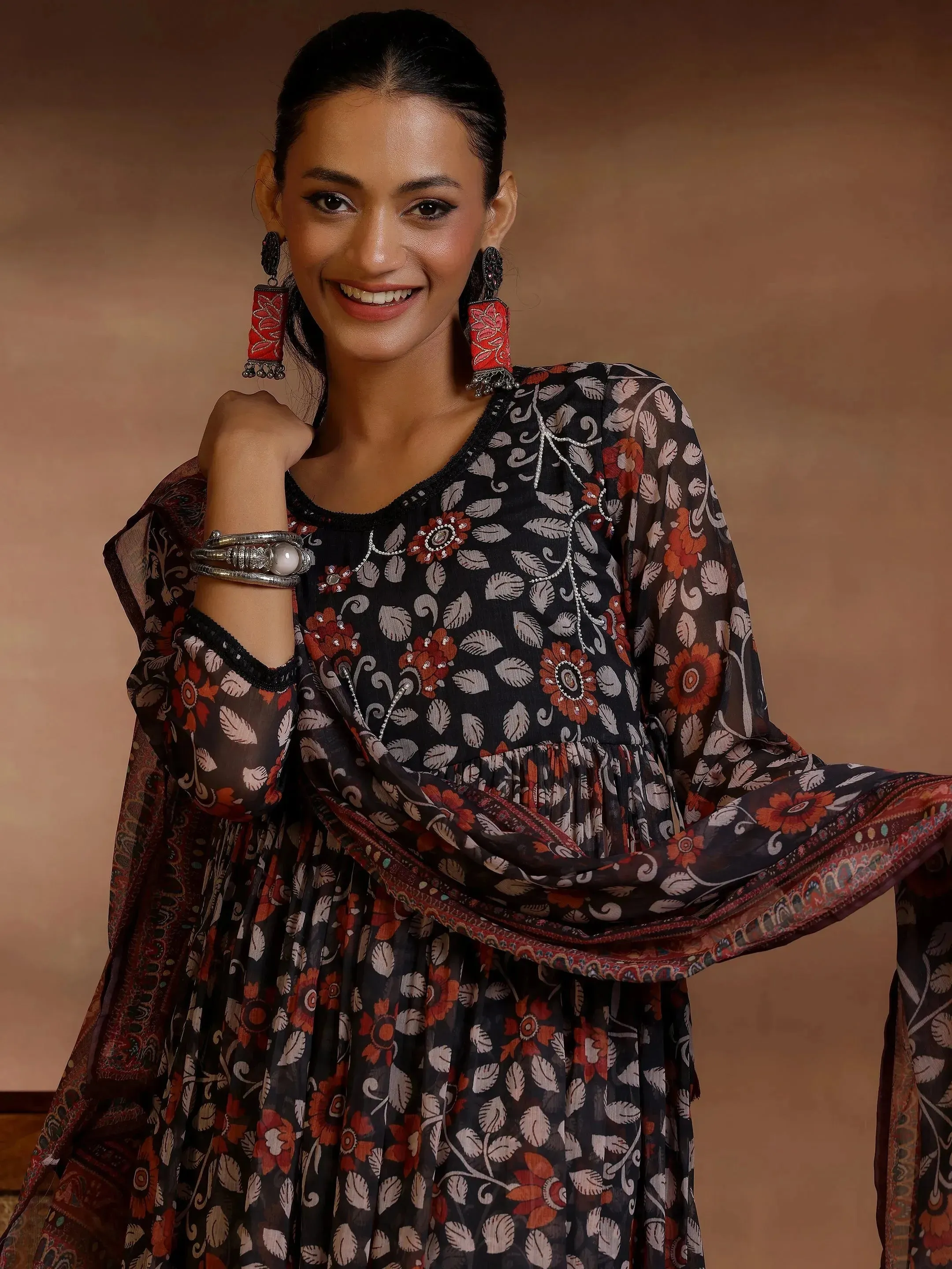 Black Printed Poly Chiffon A-Line Kurta With Palazzos & Dupatta