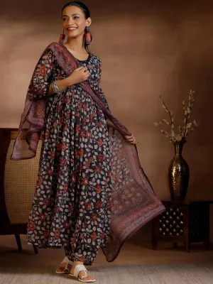 Black Printed Poly Chiffon A-Line Kurta With Palazzos & Dupatta