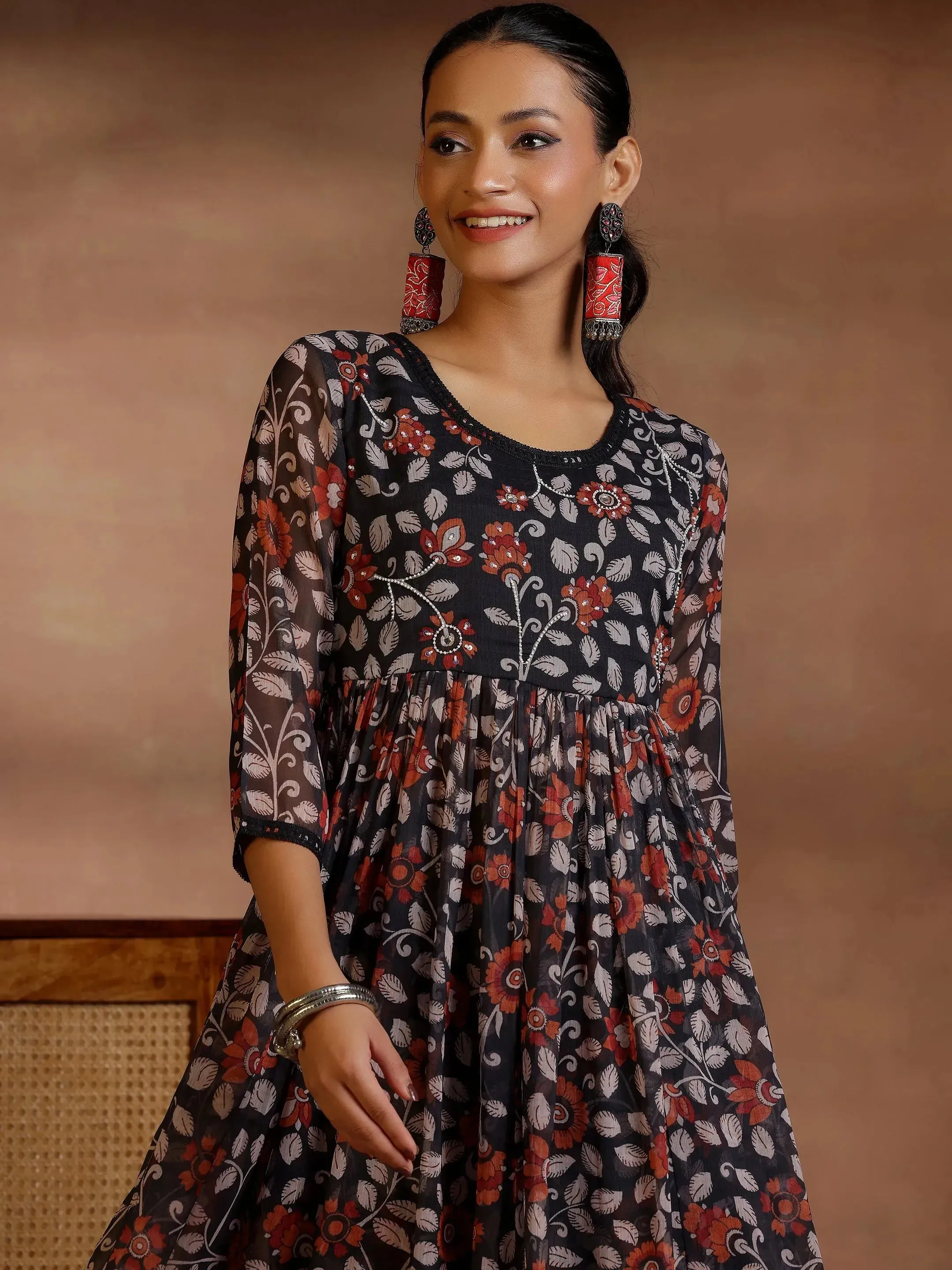 Black Printed Poly Chiffon A-Line Kurta With Palazzos & Dupatta