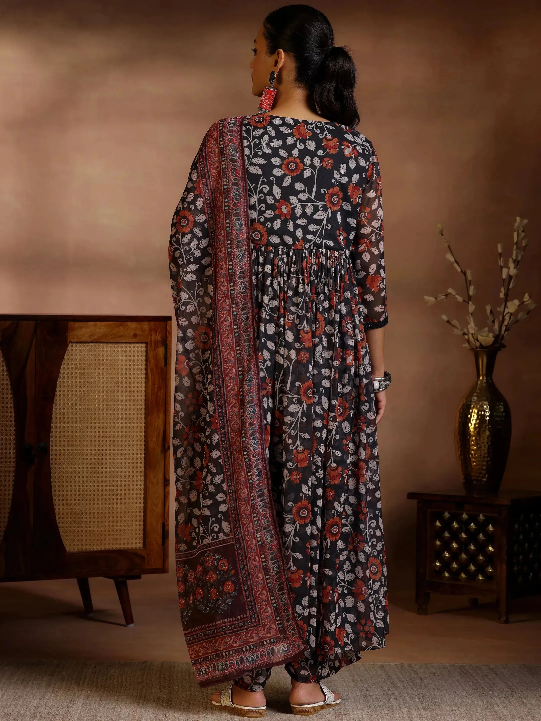 Black Printed Poly Chiffon A-Line Kurta With Palazzos & Dupatta