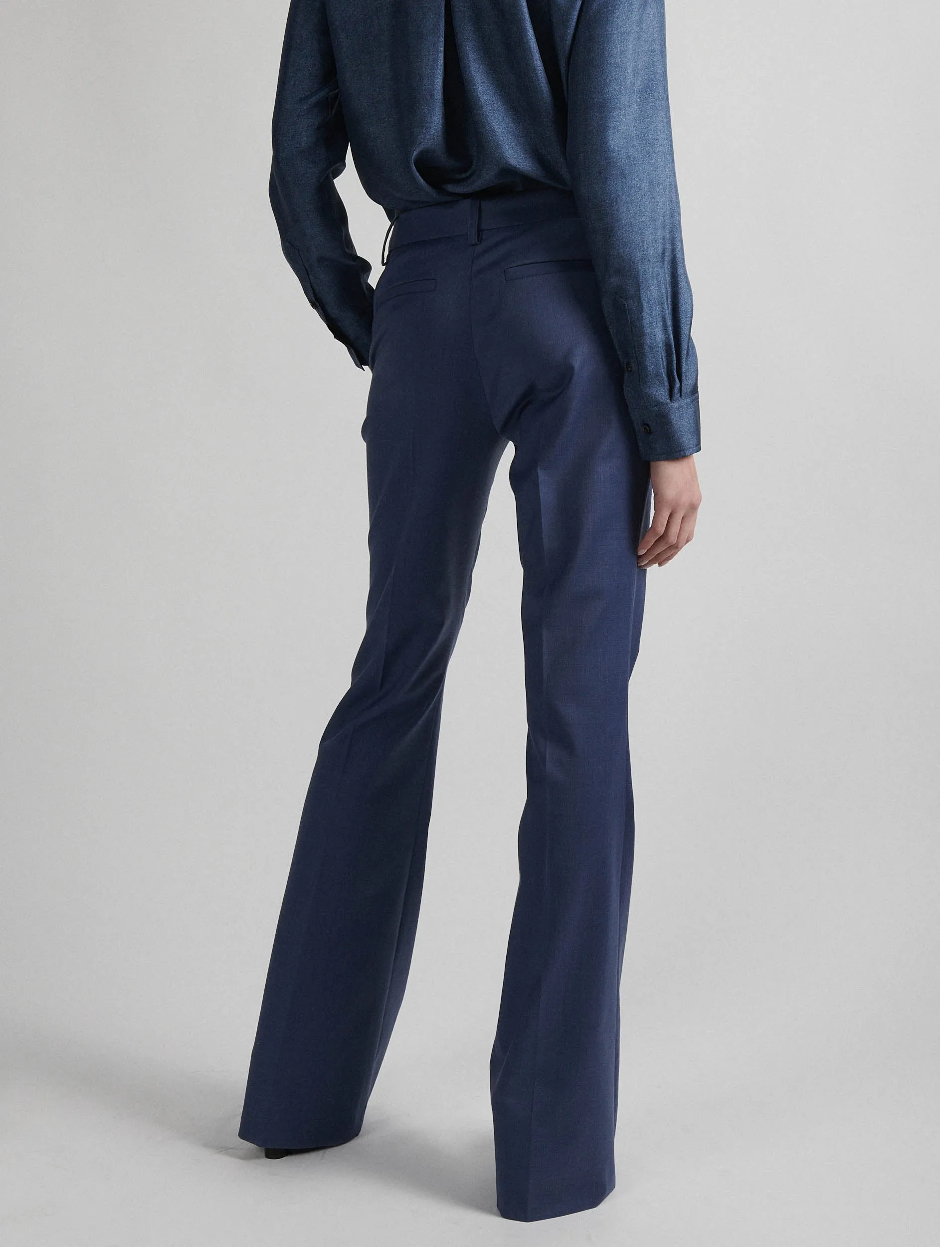 Blue stretch wool gabardine bootleg-cut trousers