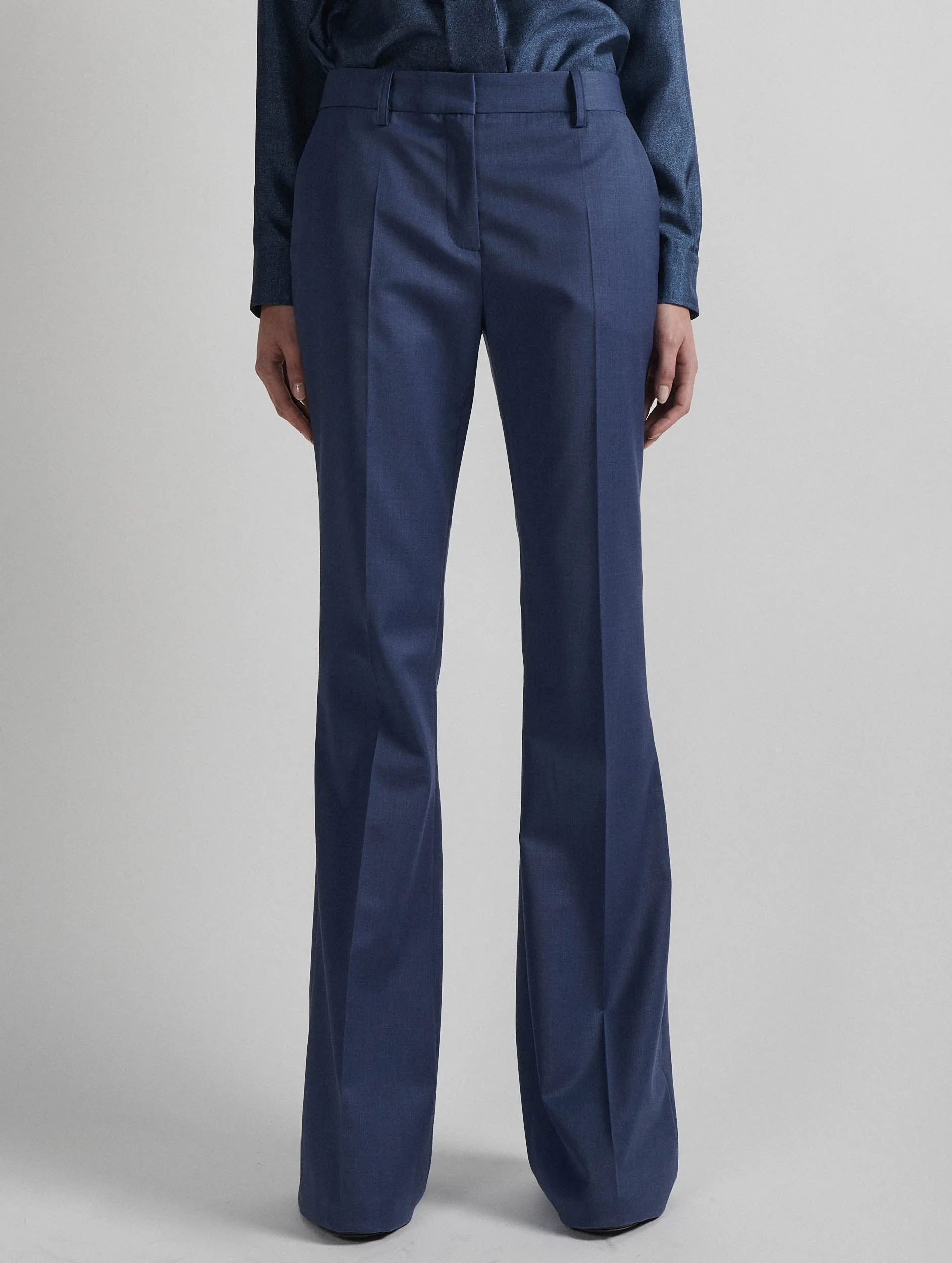 Blue stretch wool gabardine bootleg-cut trousers