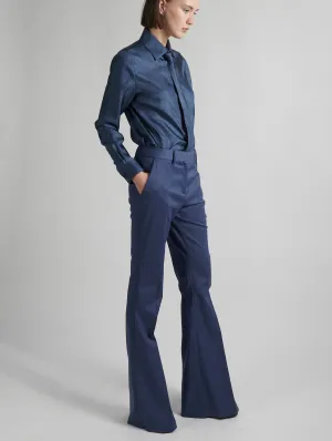 Blue stretch wool gabardine bootleg-cut trousers