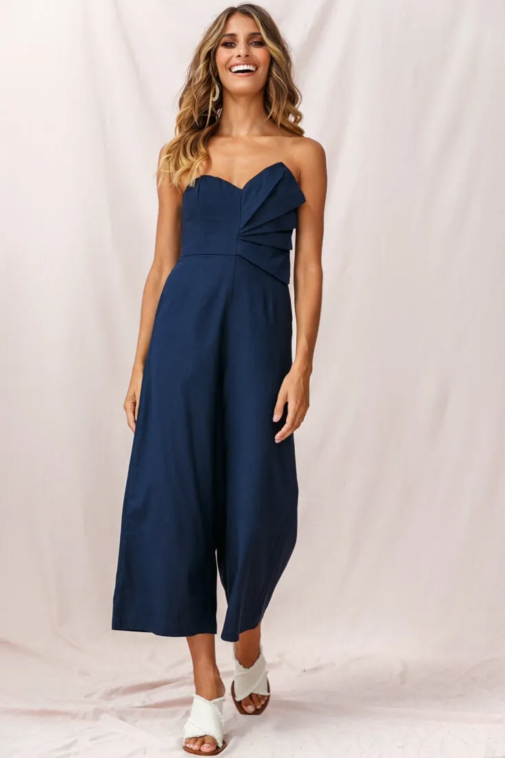 Call Me Wide-Leg Linen Bandeau Jumpsuit Navy