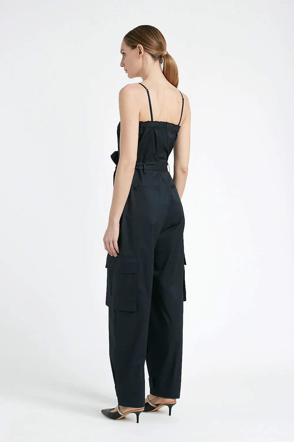 Cargo jumpsuit with twisted cotton shoulder straps