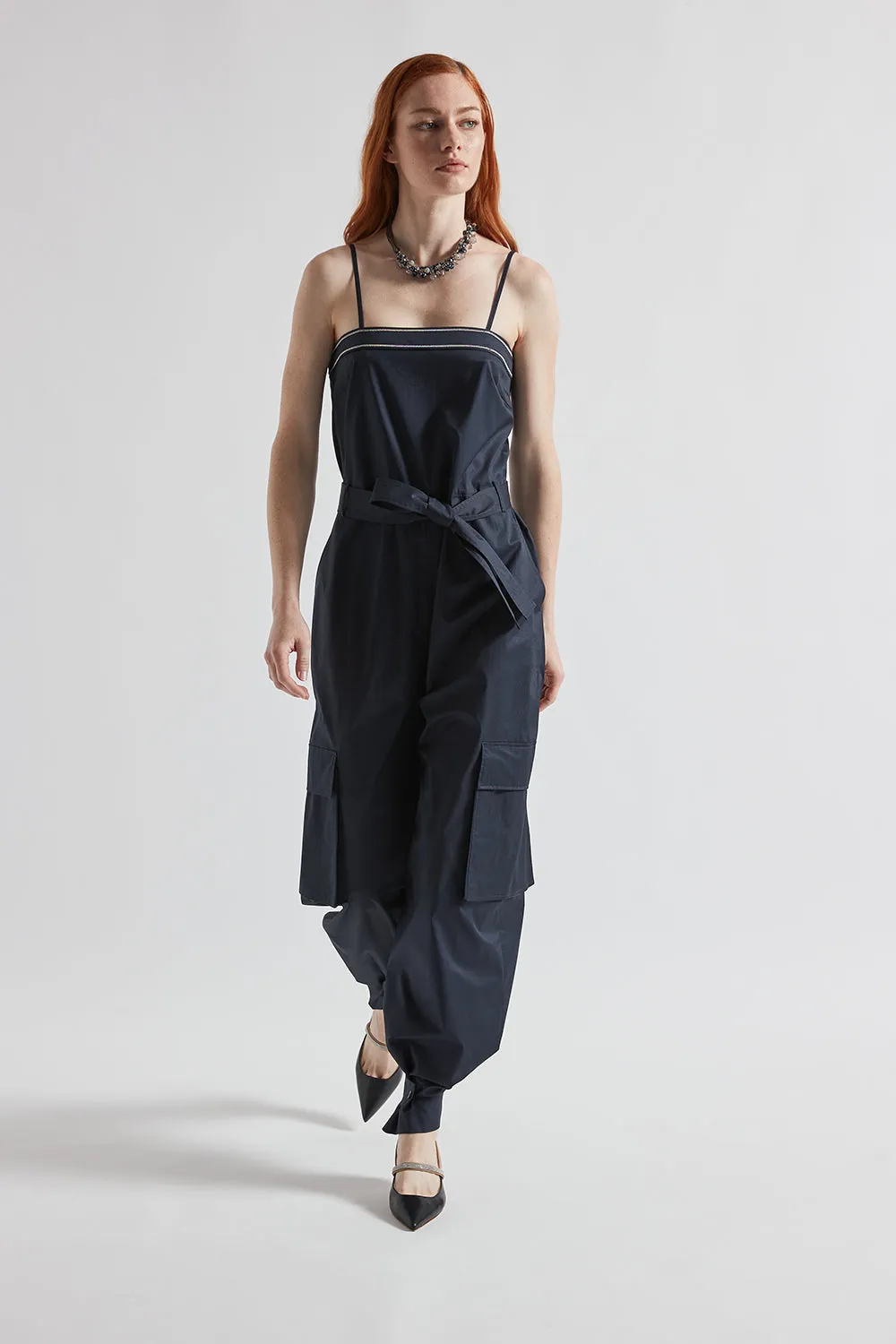 Cargo jumpsuit with twisted cotton shoulder straps