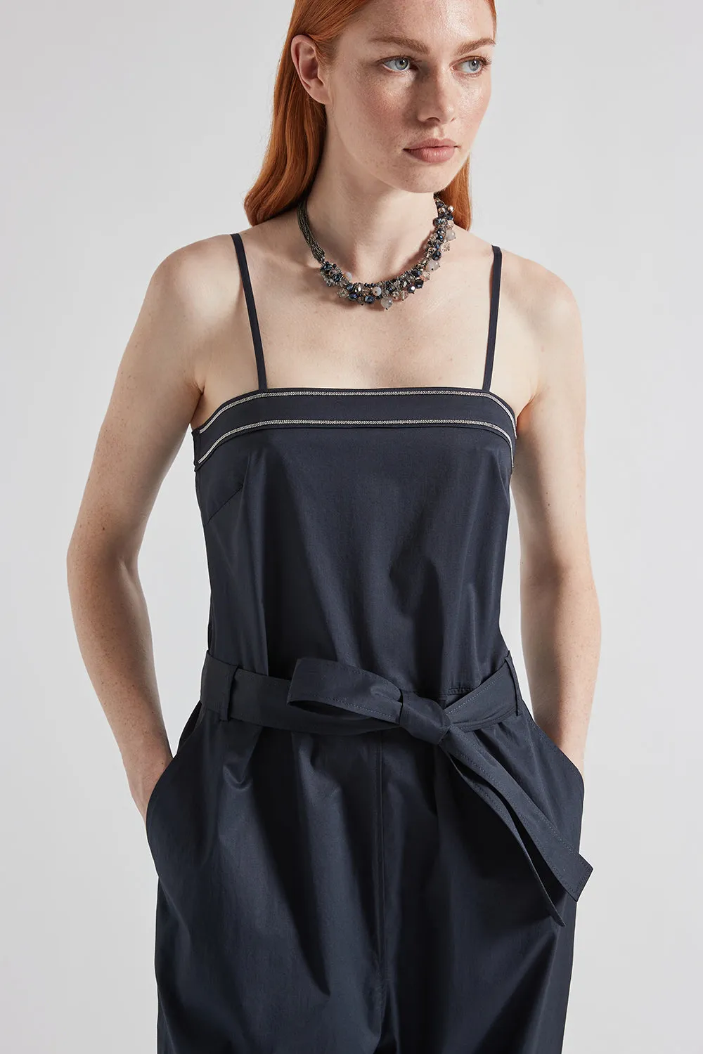 Cargo jumpsuit with twisted cotton shoulder straps