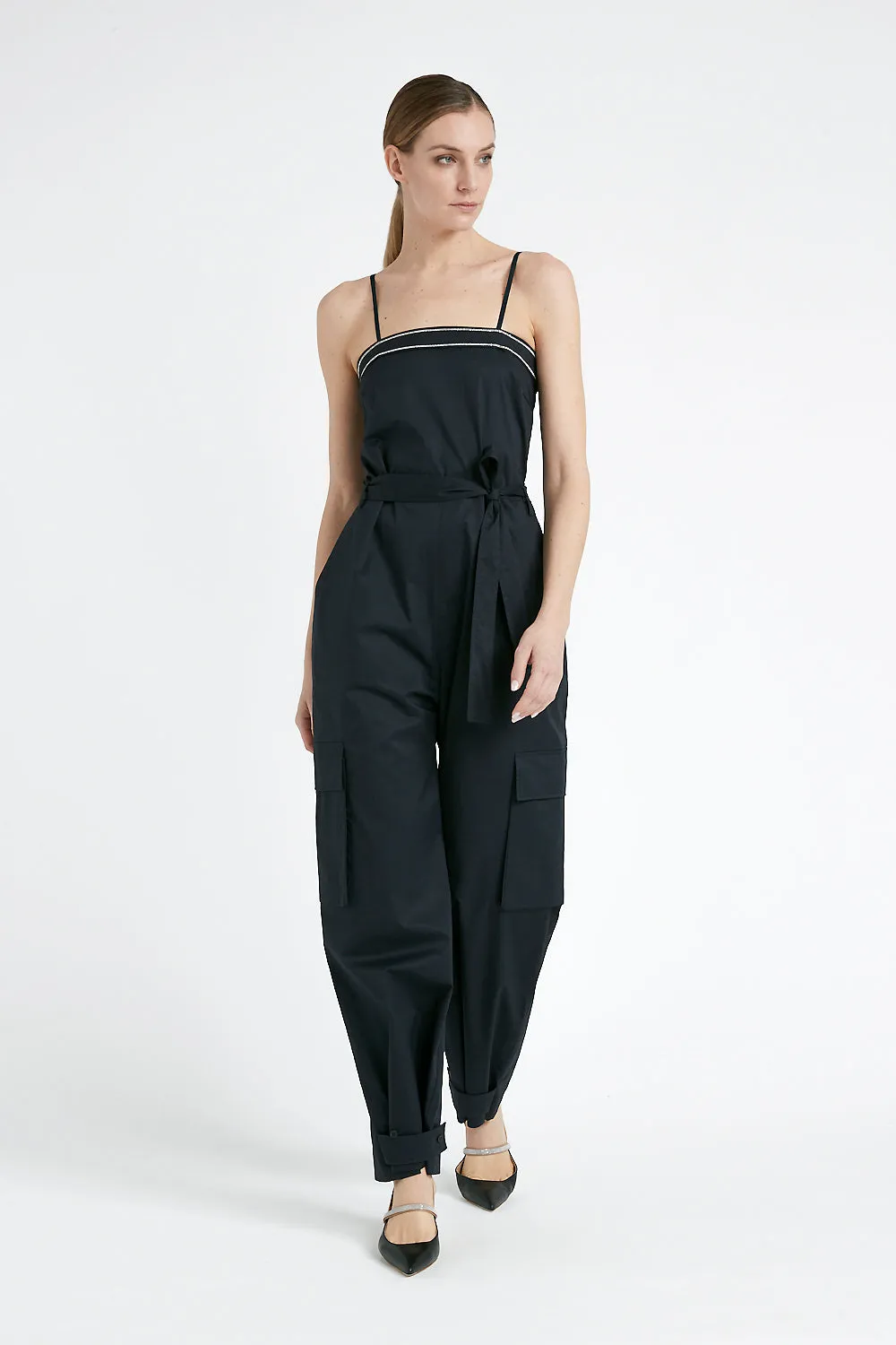 Cargo jumpsuit with twisted cotton shoulder straps