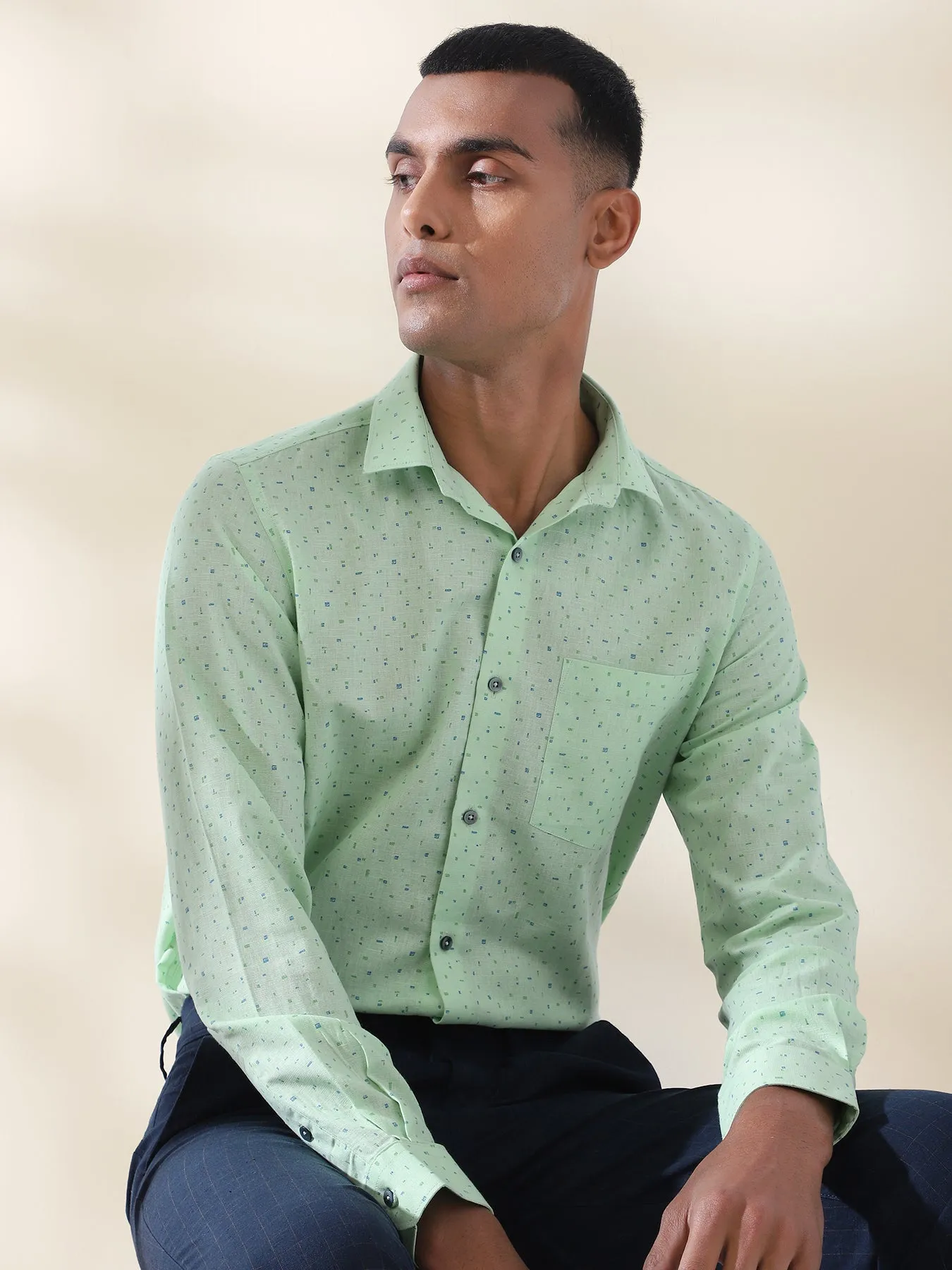 Cotton Linen Green Printed Full Sleeve Formal Shirt