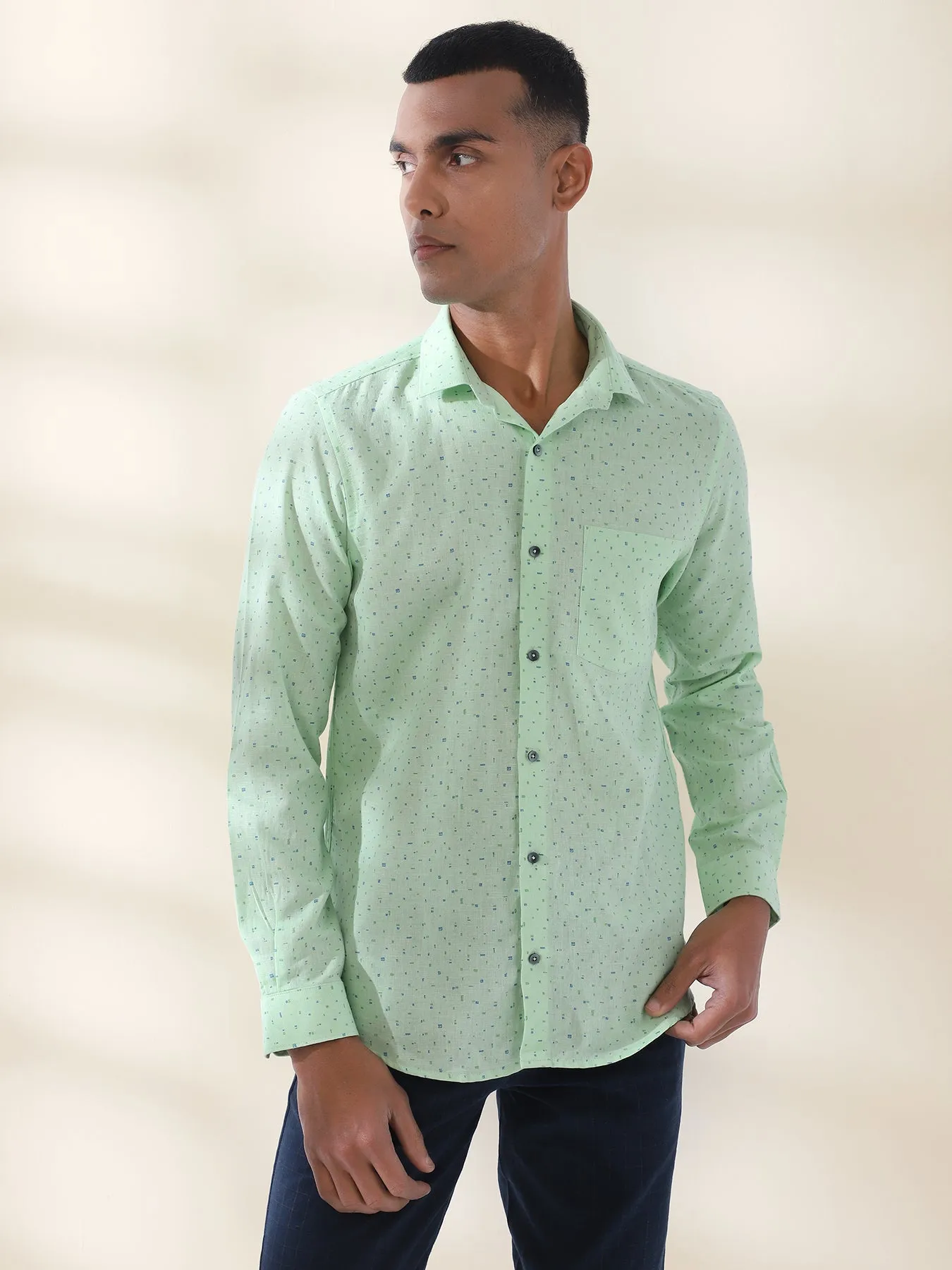 Cotton Linen Green Printed Full Sleeve Formal Shirt