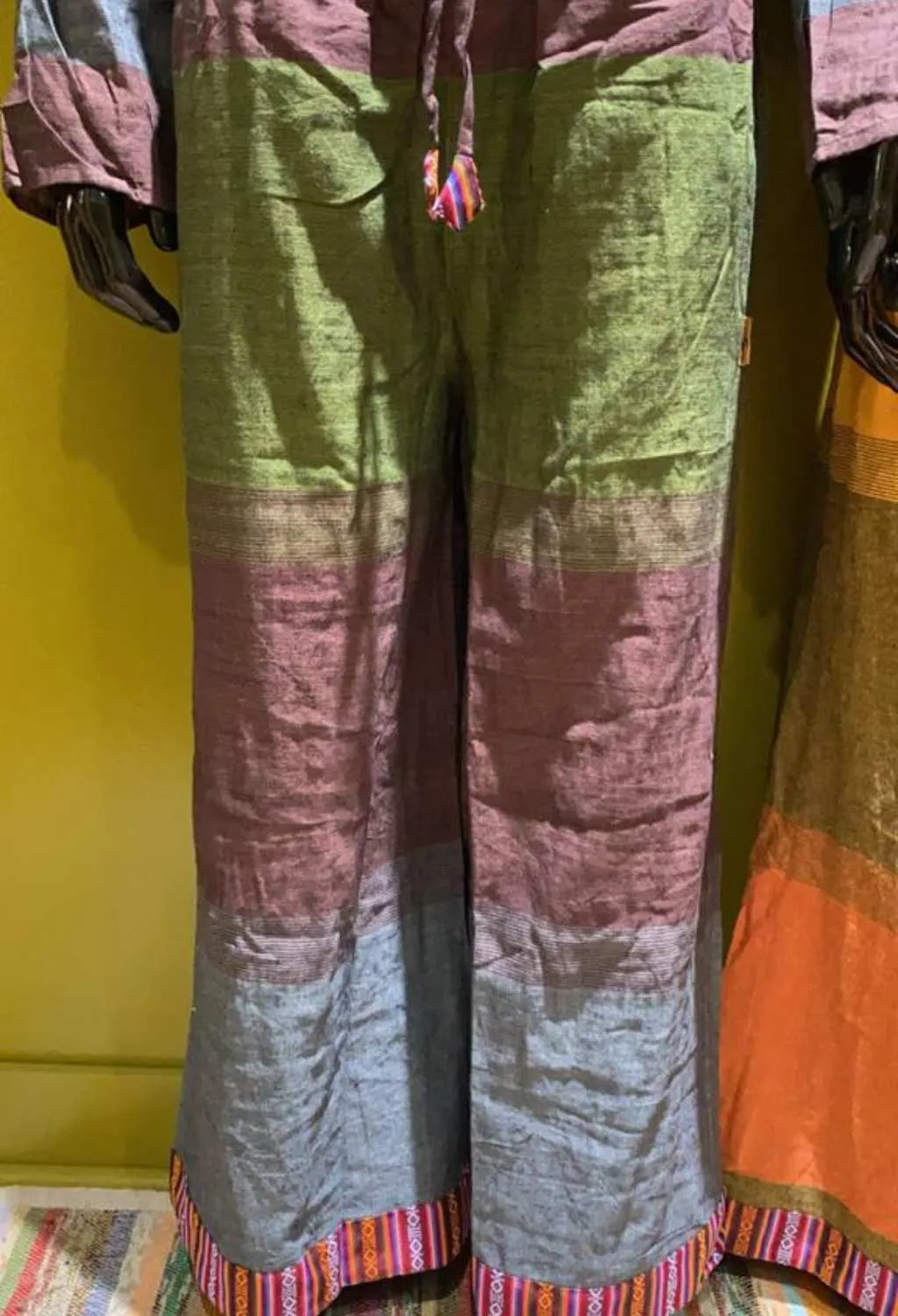 Cotton Wide-Leg Bhutani Trim Flare Pants - Tri-Color