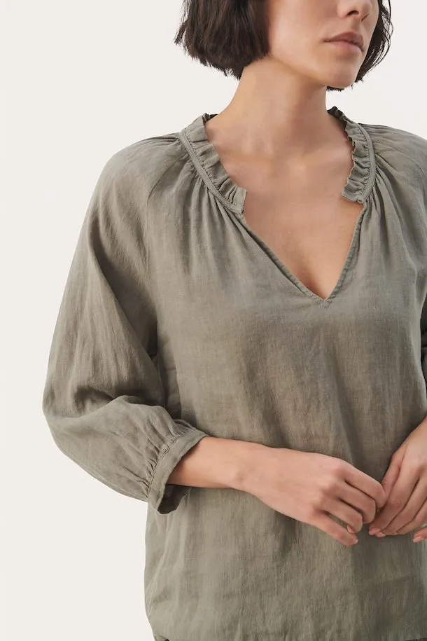 Elody 100% Linen Blouse in Vetiver